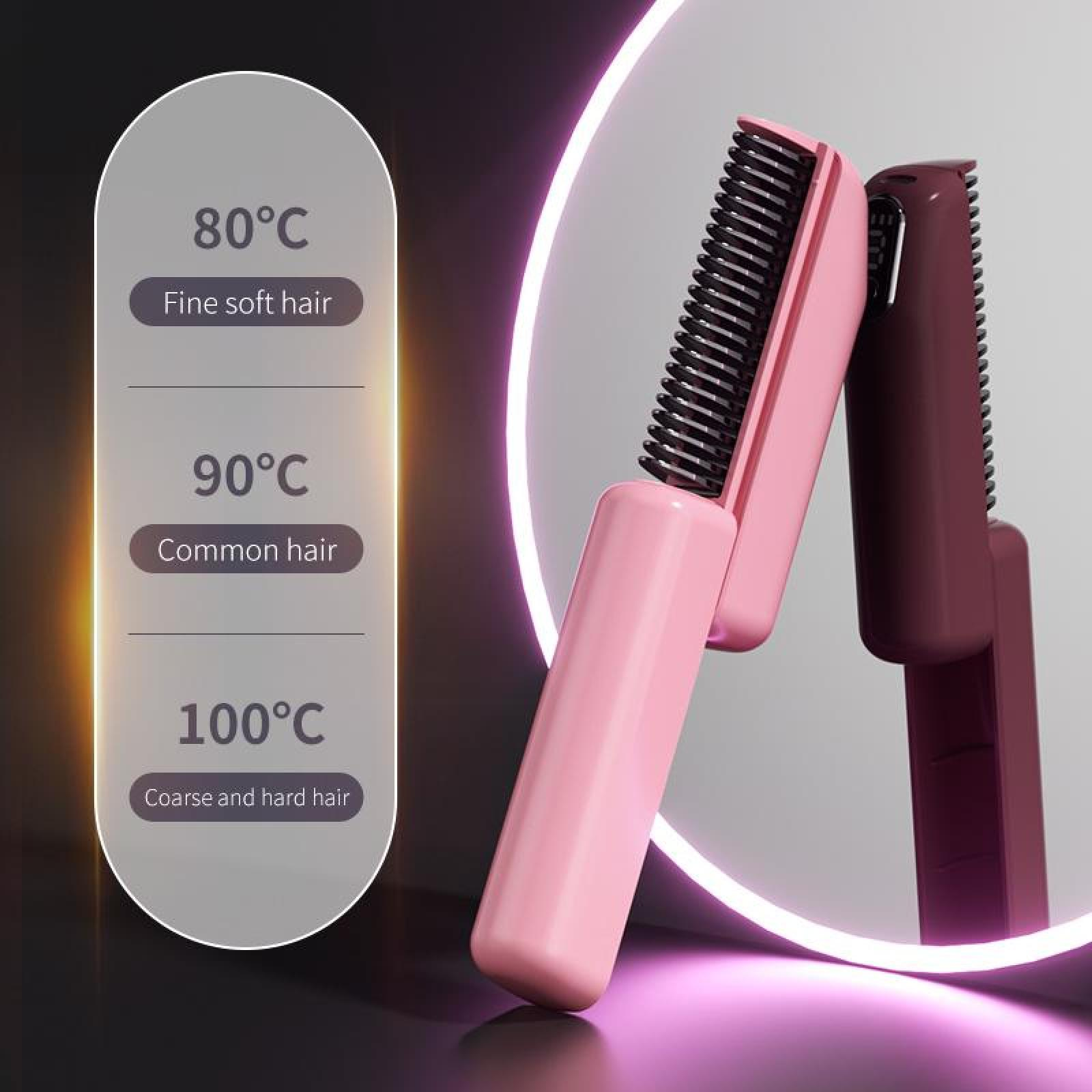 Rosa und kastanienbraune Haarglätter. Eine Temperaturanzeige zeigt Einstellungen für verschiedene Haartypen. Ein leuchtender Ring im Hintergrund.