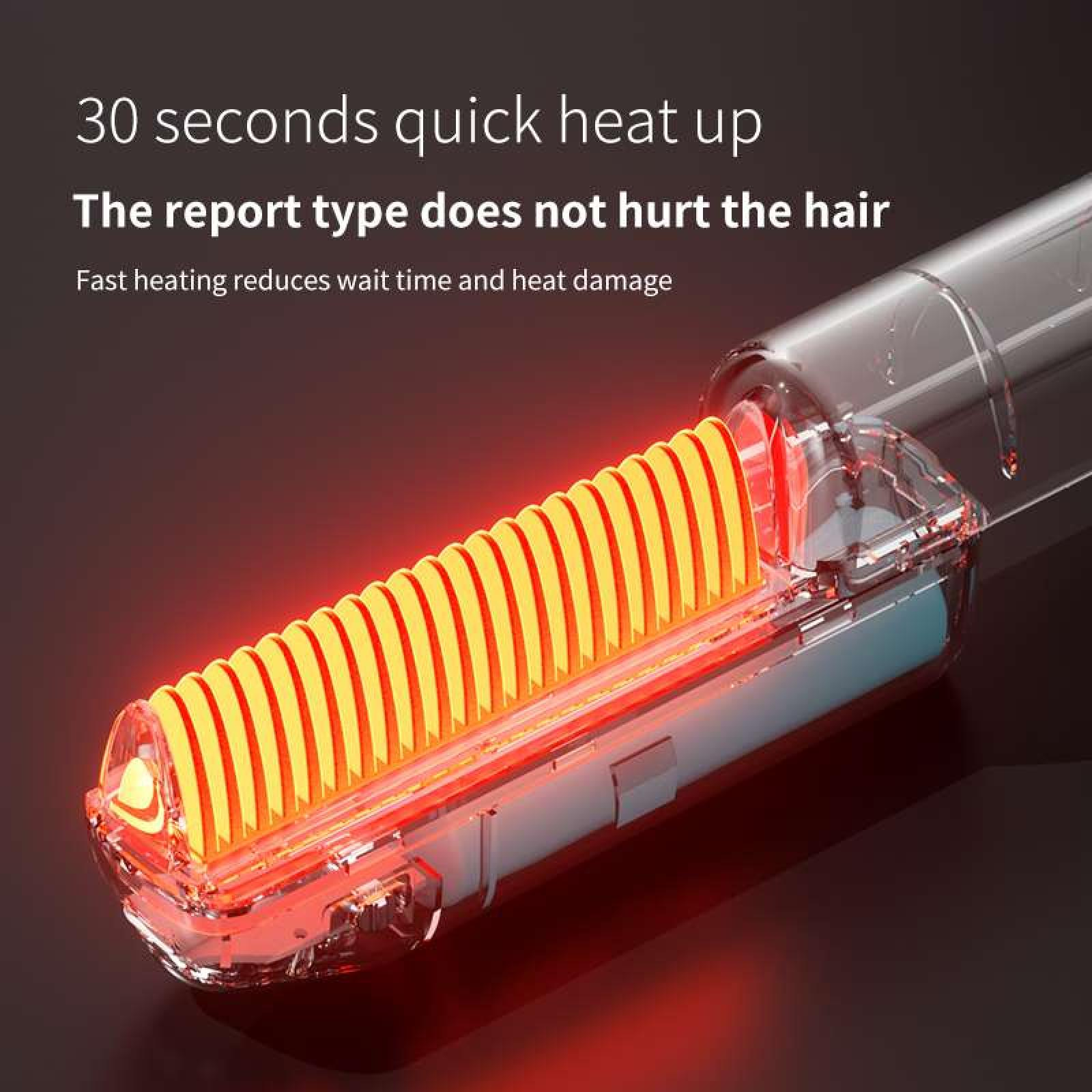 Haarstyling-Gerät mit orange-gelbem Heizelement in einem transparenten Gehäuse, mit Textüberlagerung.