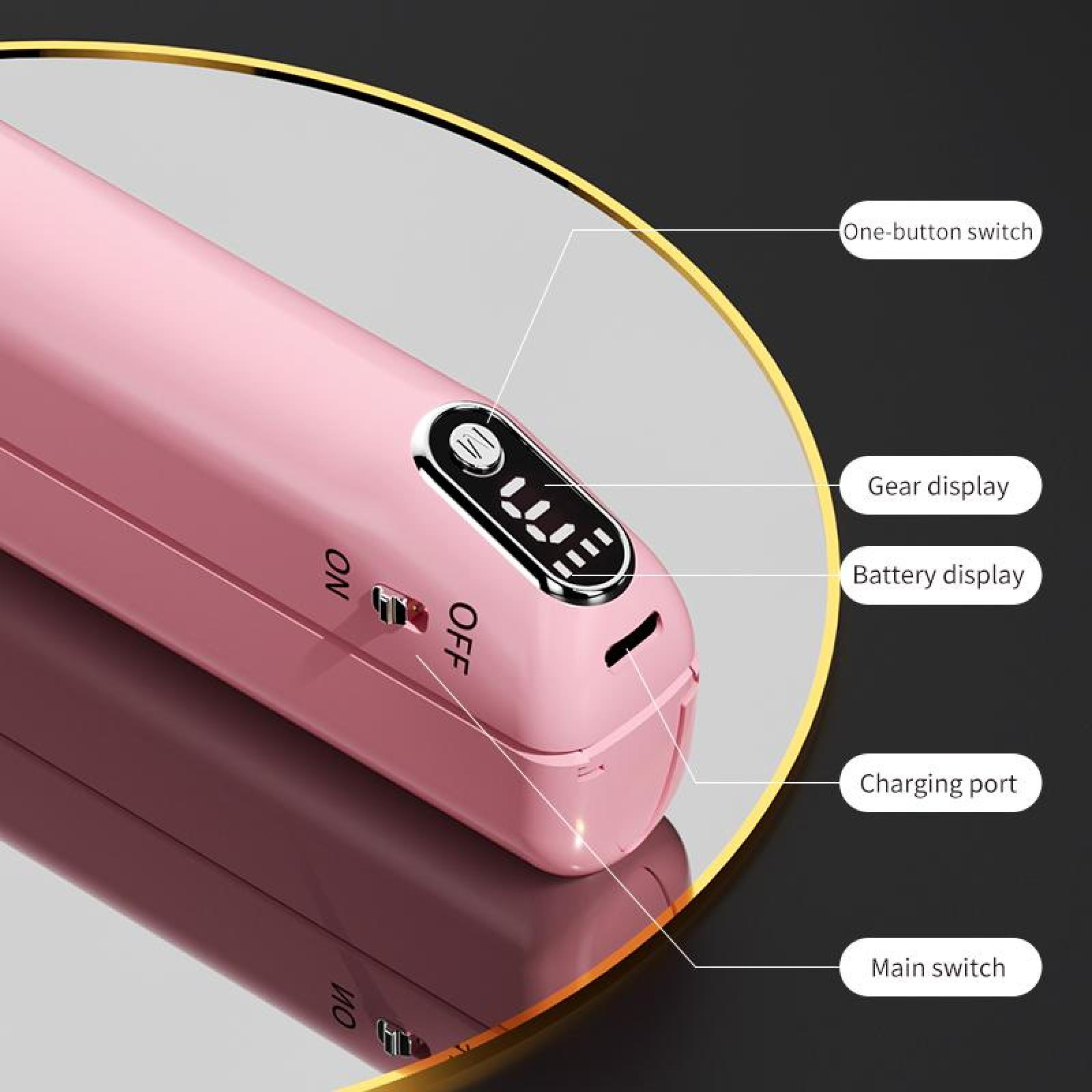 Ein rosa Gerät mit Beschriftungen wie 'ON', 'OFF' und 'Charging port'. Zeigt Gang-, Batterieanzeigen. Verfügt über einen Ein-Knopf-Schalter und einen Hauptschalter.