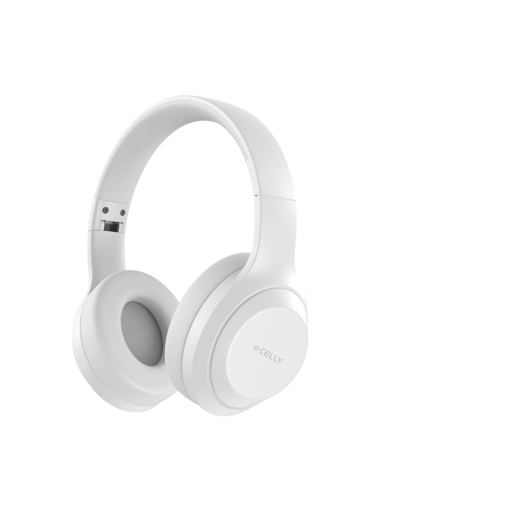 Cuffie Celly bianche su sfondo bianco. Le cuffie sono in stile over-ear.