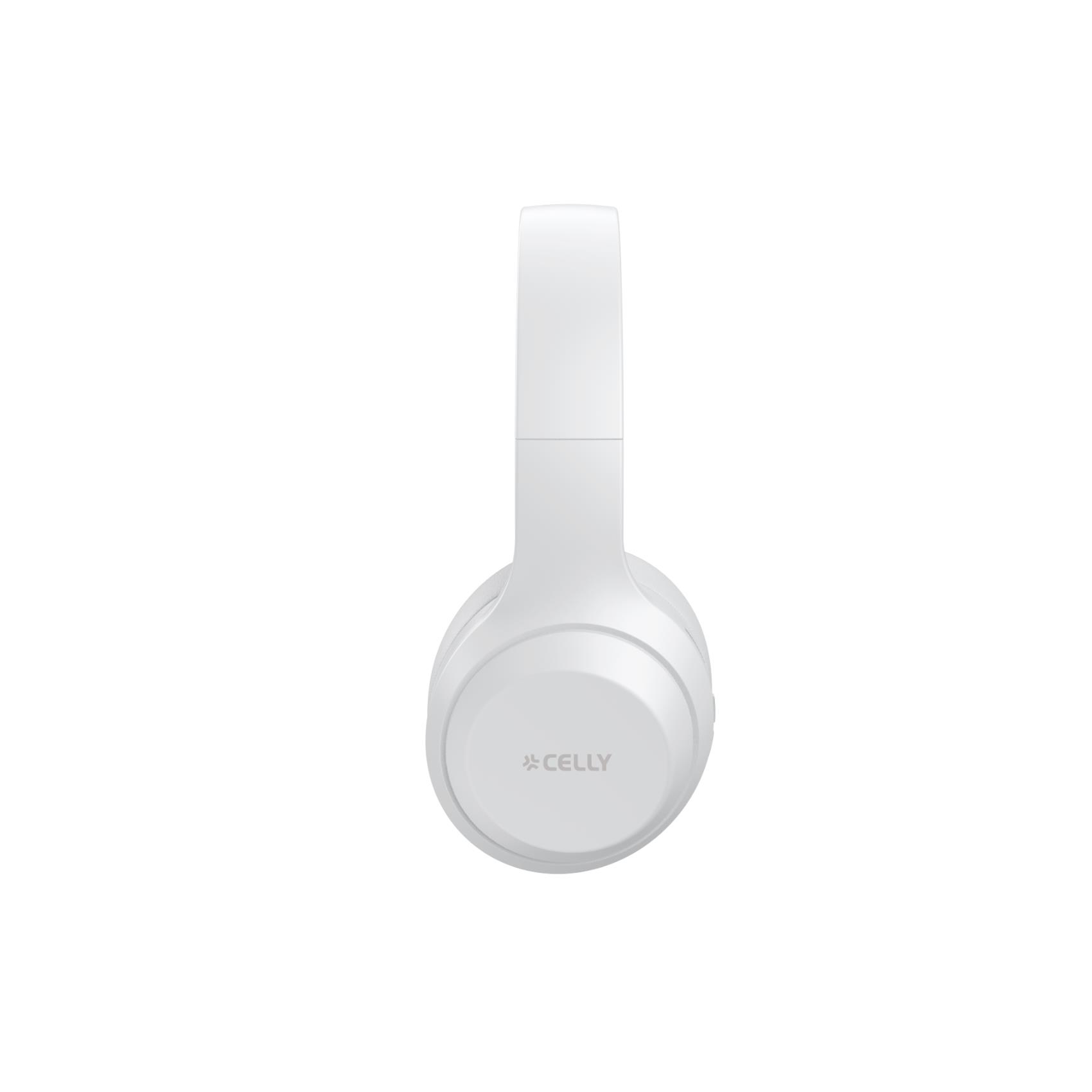 Cuffie Celly bianche su sfondo bianco. Le cuffie sono di tipo over-ear, con il logo Celly sul padiglione.