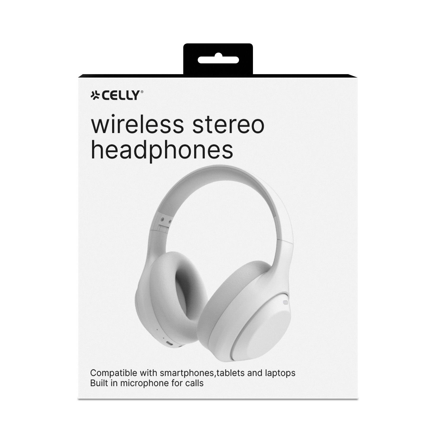 Una scatola bianca con cuffie stereo wireless. Le cuffie sono grigio chiaro. Il marchio è Celly.