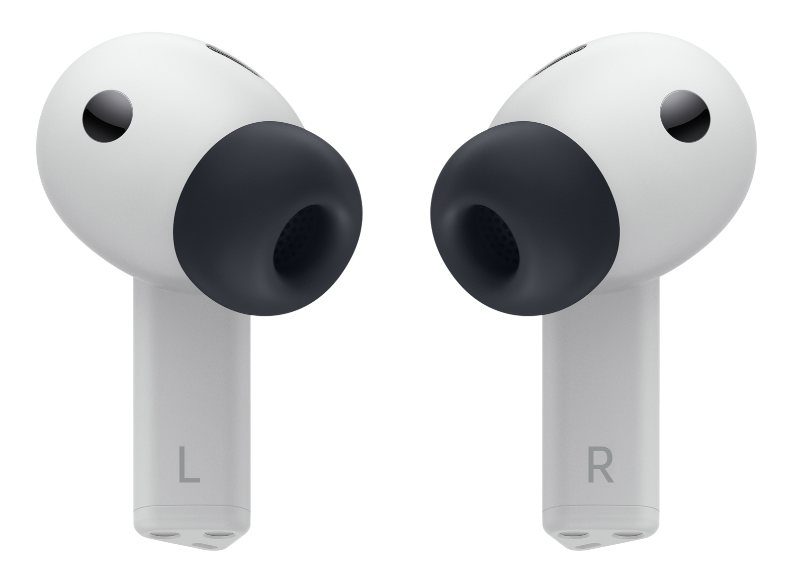Dwa białe i szare słuchawki, oznaczone 'L' i 'R', z czarnymi końcówkami. Tło jest białe.