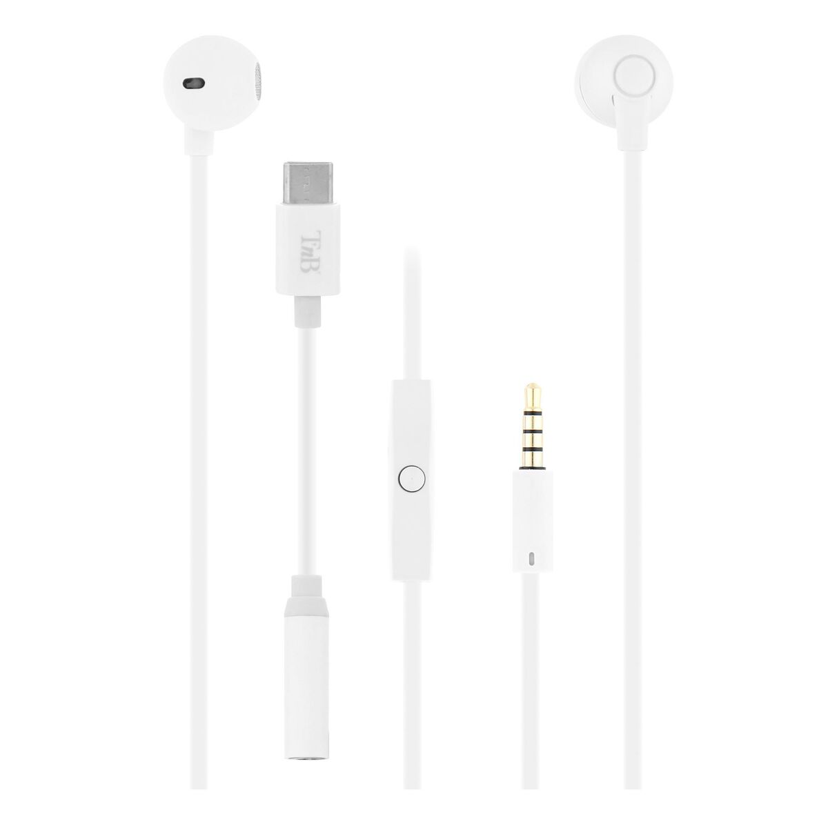 Białe słuchawki z różnymi złączami, w tym adapterem USB-C i jackiem 3,5 mm, ułożone na białej powierzchni.