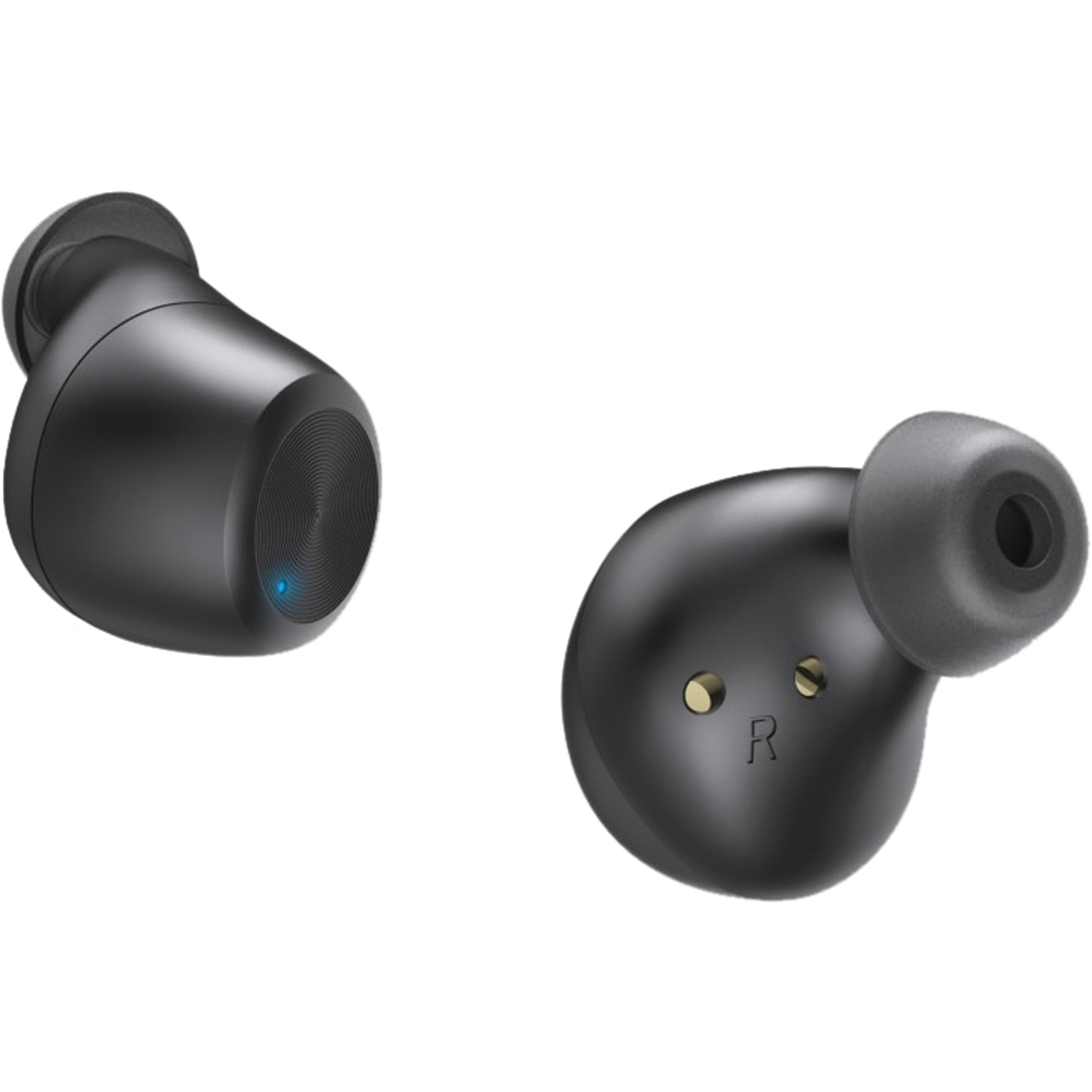Dwa czarne bezprzewodowe słuchawki na białym tle. Jeden pokazuje niebieskie światło. Prawy ma 'R'.