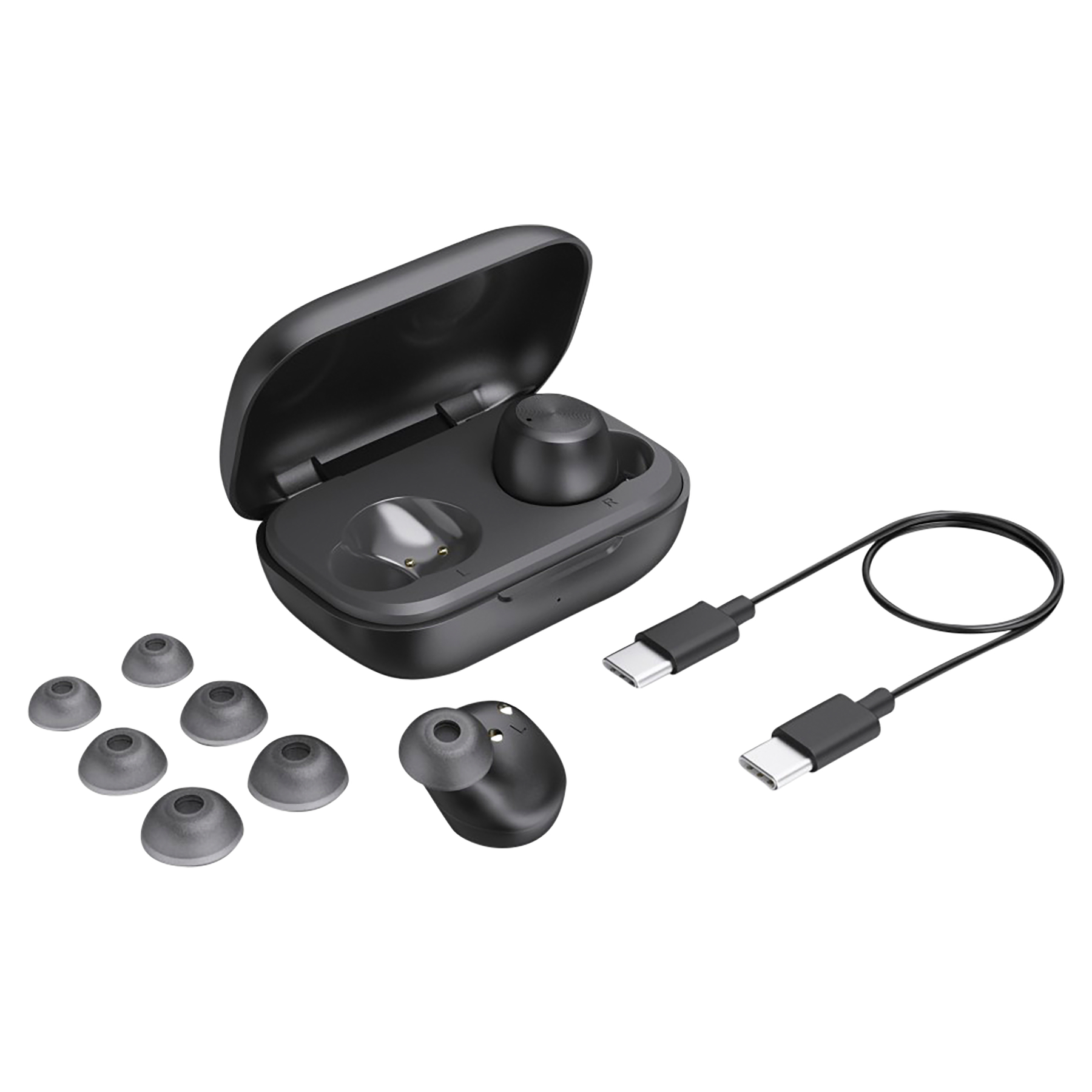 Czarne bezprzewodowe słuchawki z etui ładującym, dodatkowymi wkładkami dousznymi i kablami USB-C na białym tle.