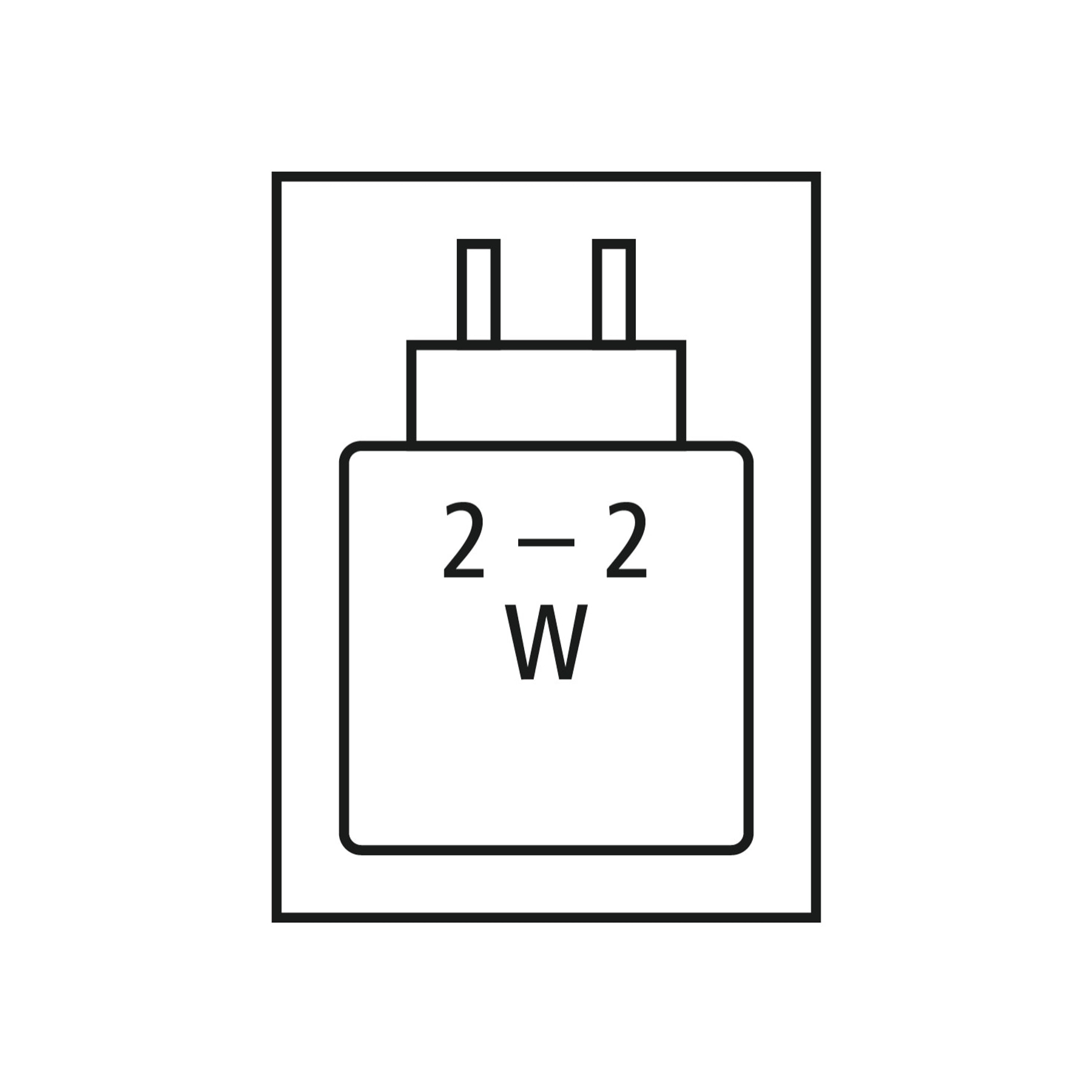 Czarno-biała ilustracja zasilacza. Ma dwa bolce i tekst '2-2 W' w kwadracie.