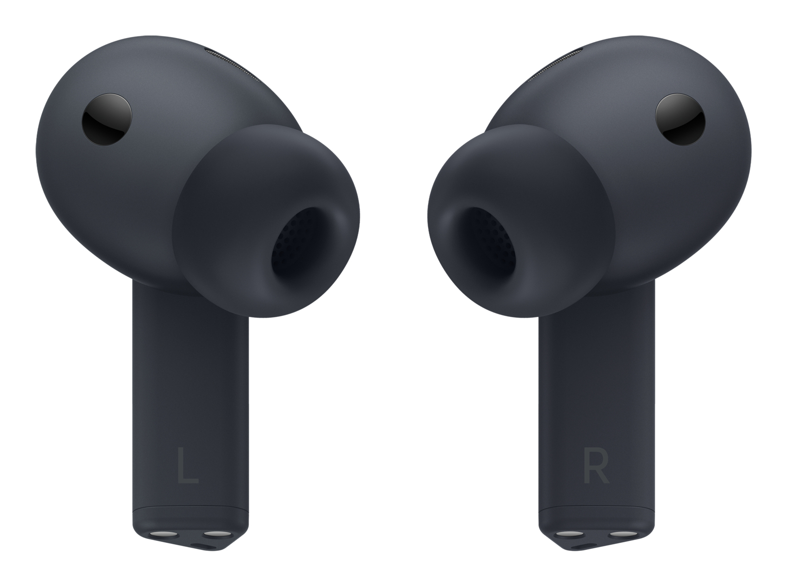 Dwa ciemnoszare bezprzewodowe słuchawki. Lewa słuchawka ma L, prawa R. Obie mają czarną siateczkę głośnika i błyszczącą kropkę.