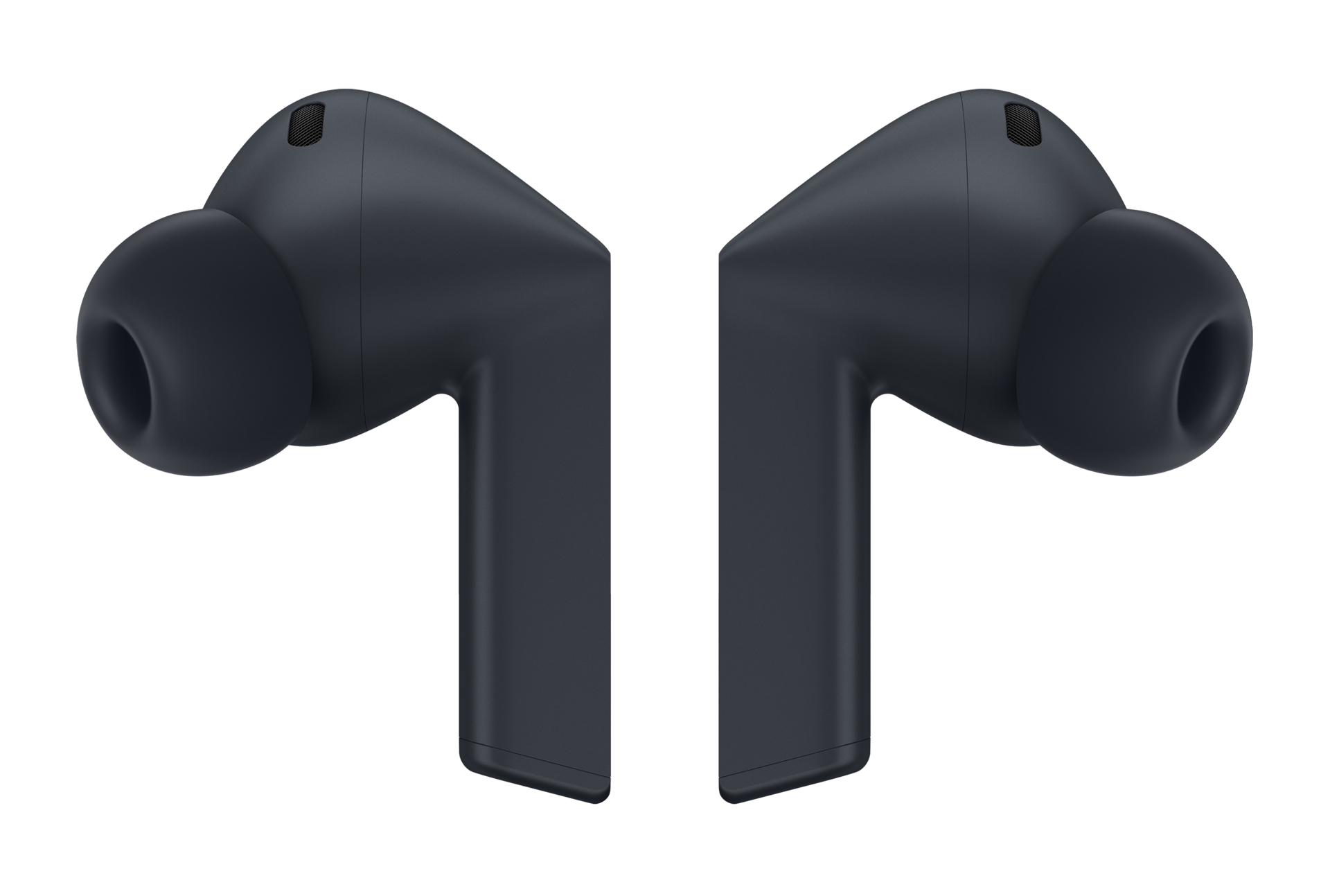 Dwa ciemnoniebieskie bezprzewodowe słuchawki, ustawione symetrycznie. Każda słuchawka ma zaokrągloną końcówkę i prostokątny trzon.