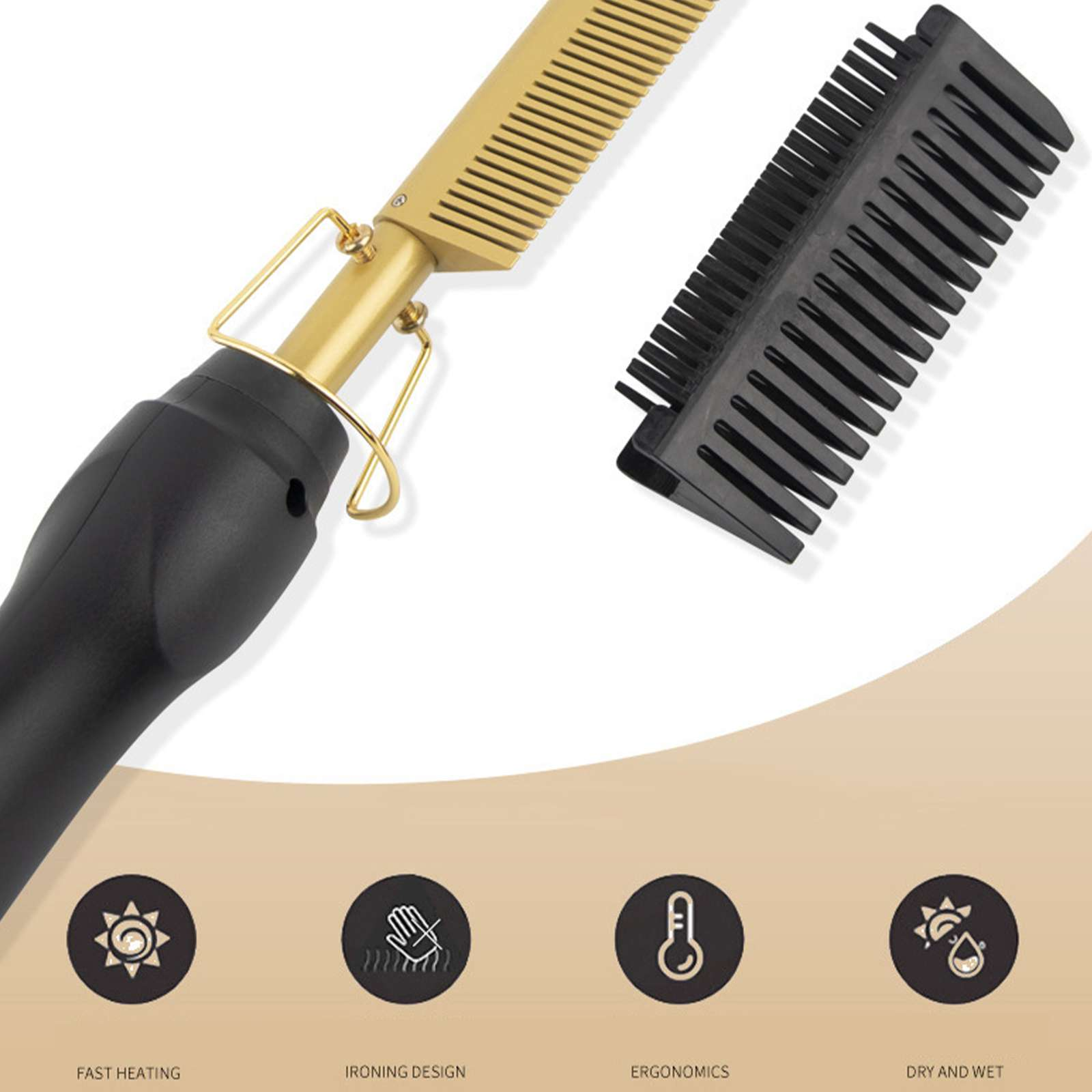 Ein Haarglättungskamm mit goldfarbenem Kopf und schwarzem Griff. Ein schwarzer Aufsatz ist vorhanden. Symbole sind unten.
