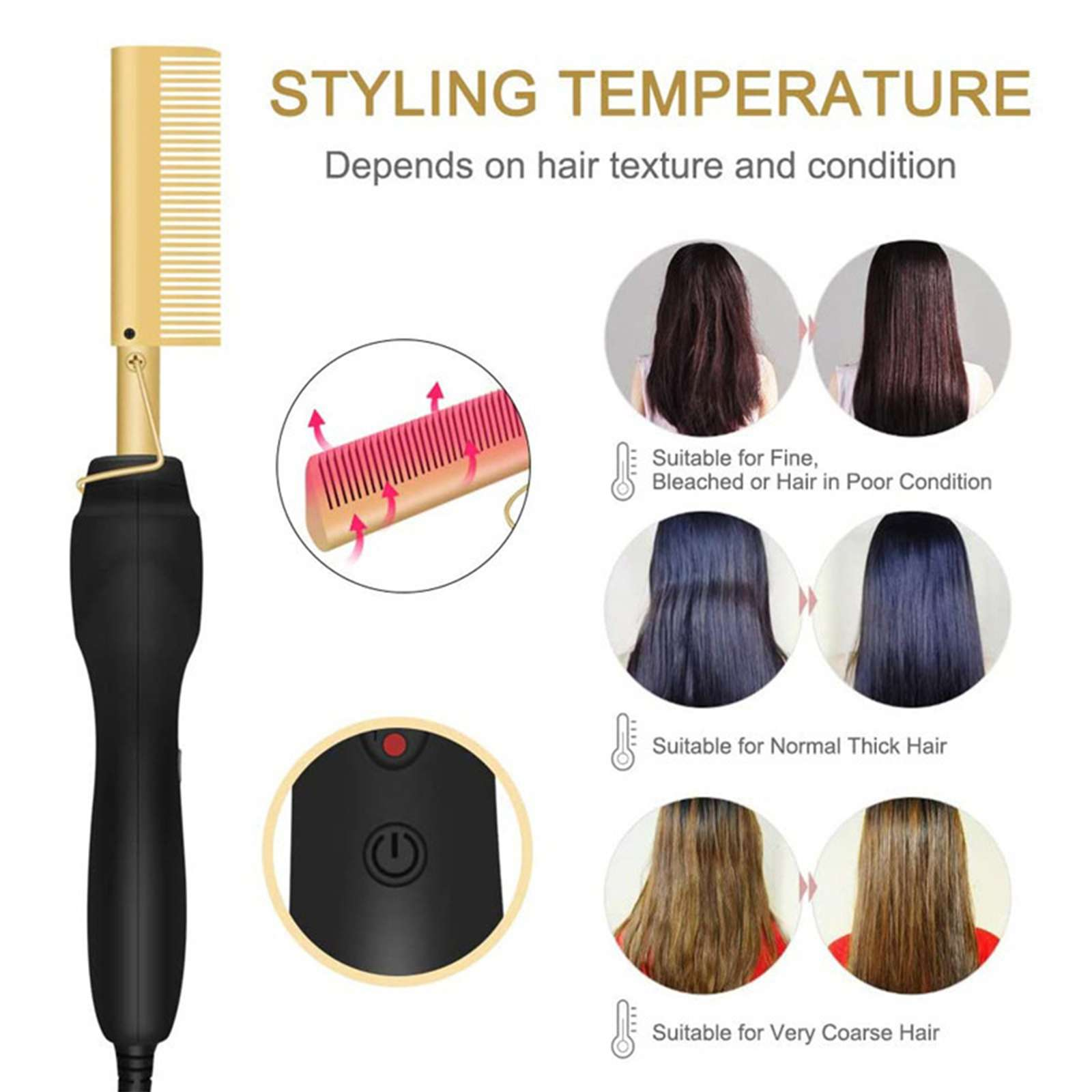 Das Bild zeigt ein Haarstyling-Werkzeug und Beispiele für Haartexturen. Text gibt an, dass die Styling-Temperatur vom Haarzustand abhängt.