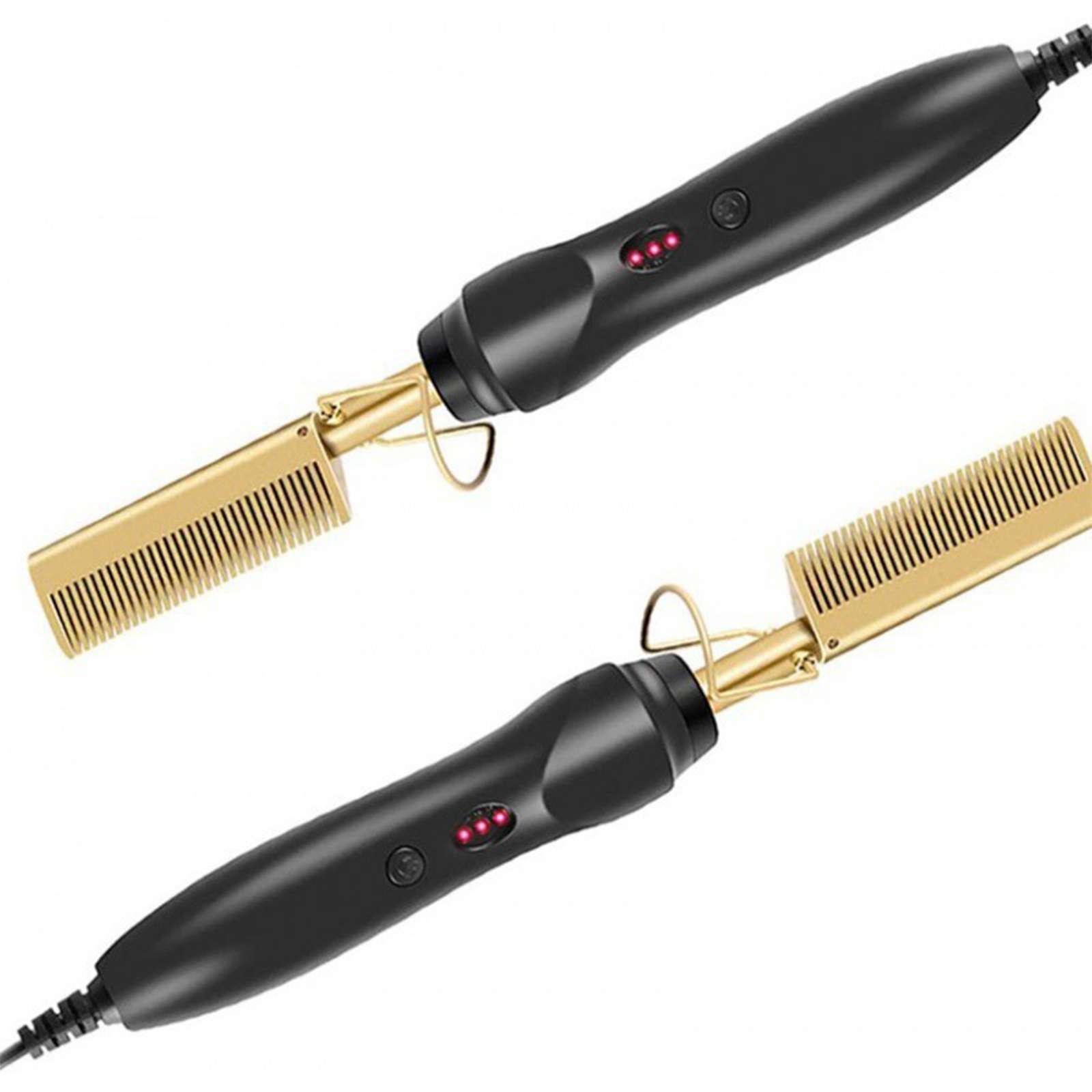 Zwei schwarze Haarglätter mit goldenen Kammaufsätzen sind auf weißem Hintergrund abgebildet. Jeder hat ein Netzkabel.