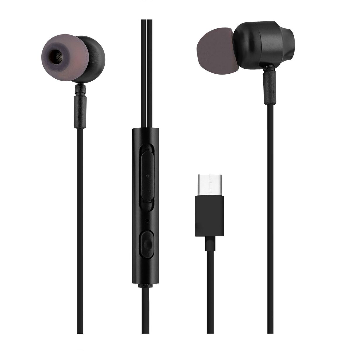 Auricolari neri cablati con connettore USB-C. Gli auricolari hanno gommini neri e grigi e un pulsante di controllo sul filo.