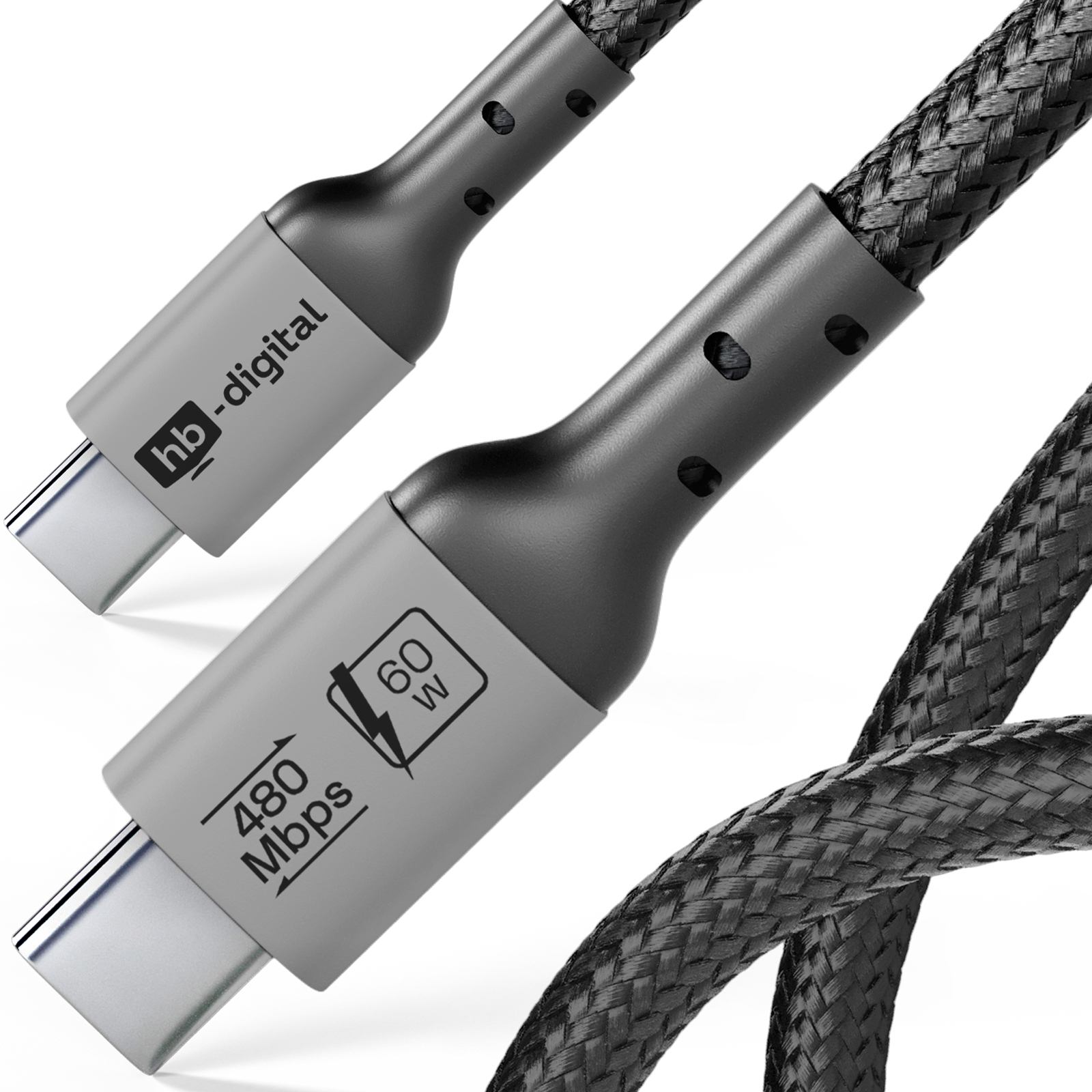 Nahaufnahme von zwei schwarzen USB-C-Kabeln. Sie haben graue Stecker mit dem Logo 'hb-digital' und Spezifikationen, 480 Mbit/s und 60 W.