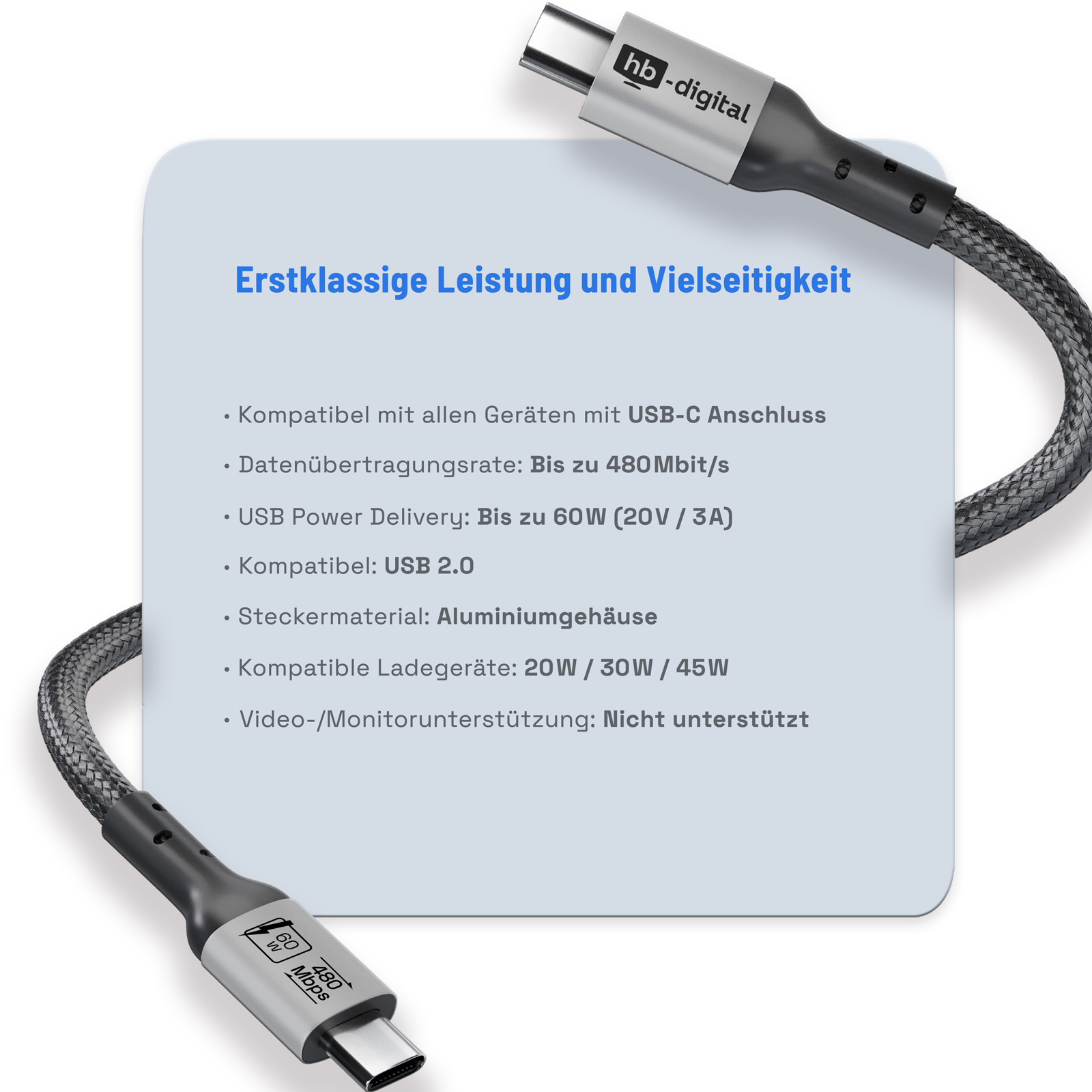 Ein USB-C-Kabel mit silbernen Steckern, schwarzes Kabel. Text auf blauem Hintergrund listet Funktionen und Spezifikationen.