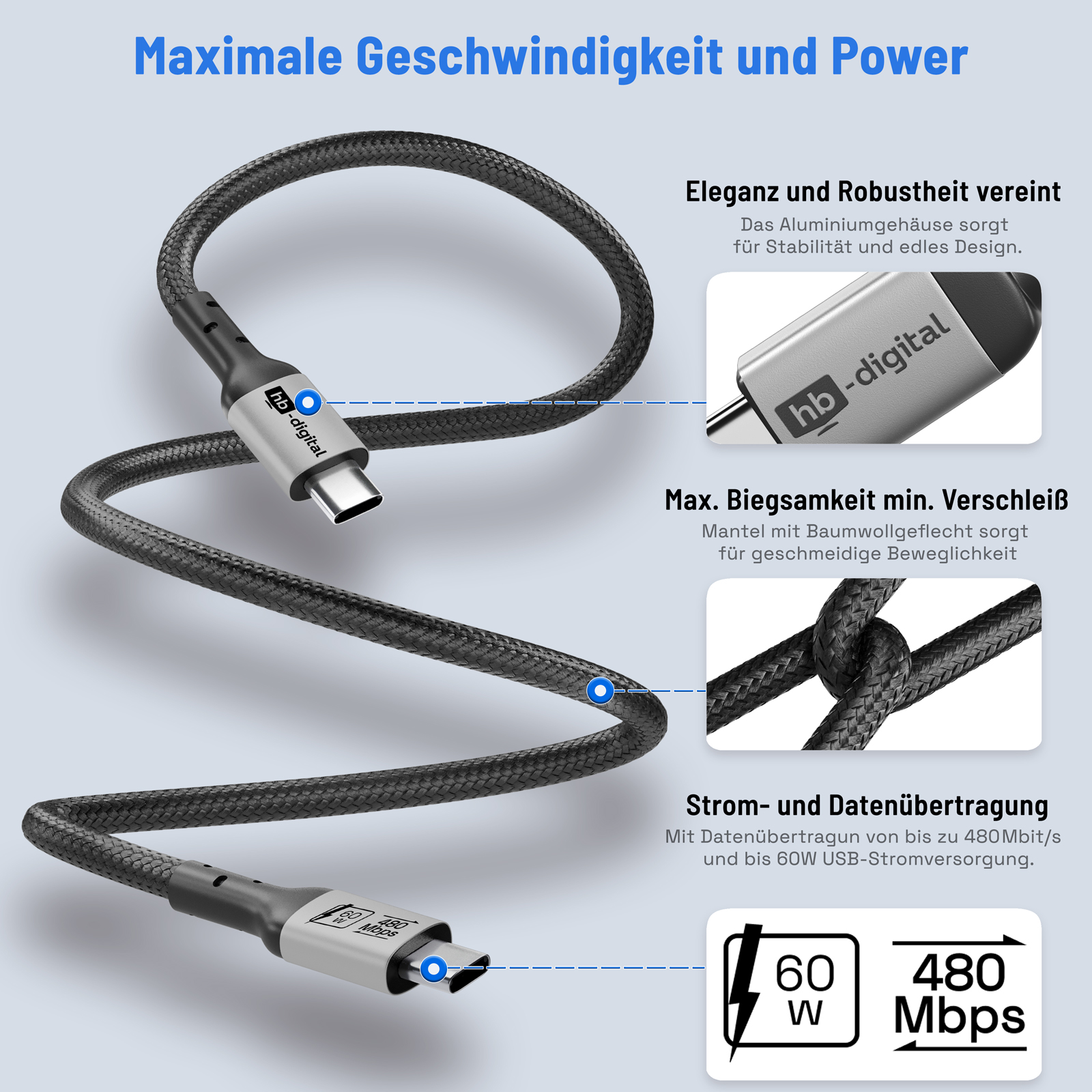 Ein schwarzes USB-C-Kabel mit metallischen Enden, mit Produktdetails wie Geschwindigkeit und Leistung, auf hellblauem Hintergrund.