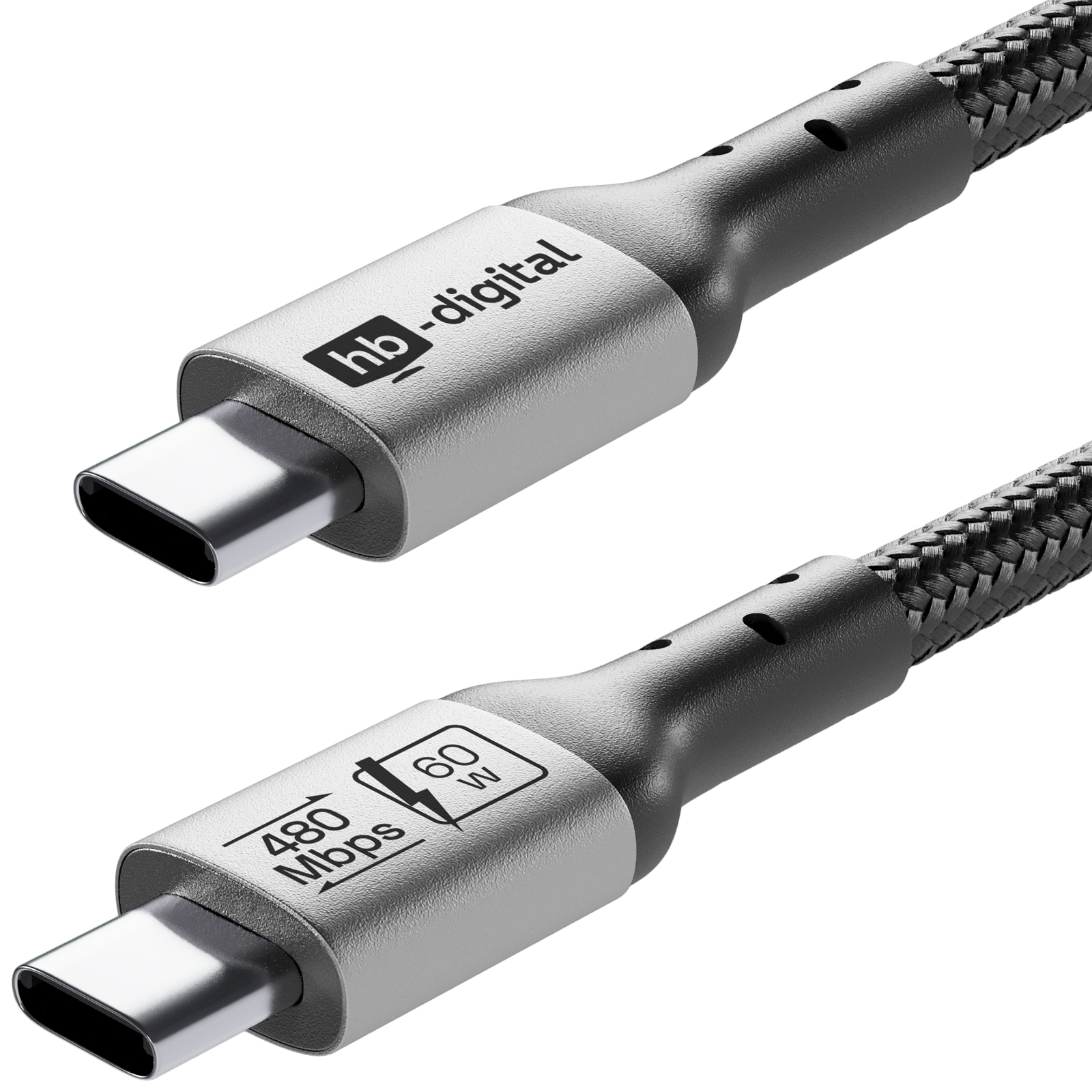 Zwei USB-C-Kabel. Silberne Anschlüsse mit schwarzen Kunststoffenden und geflochtenem schwarzem Kabel. Logos und Spezifikationen sind aufgedruckt.