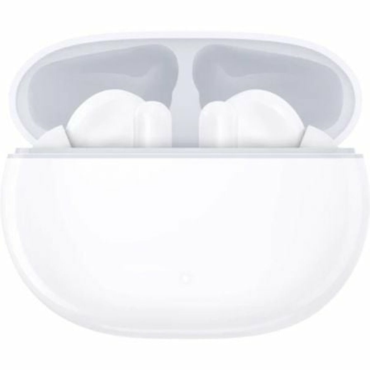 Auricolari bianchi in una custodia di ricarica aperta. La custodia è ovale, con gli auricolari visibili all'interno. Design pulito, luminoso e moderno.