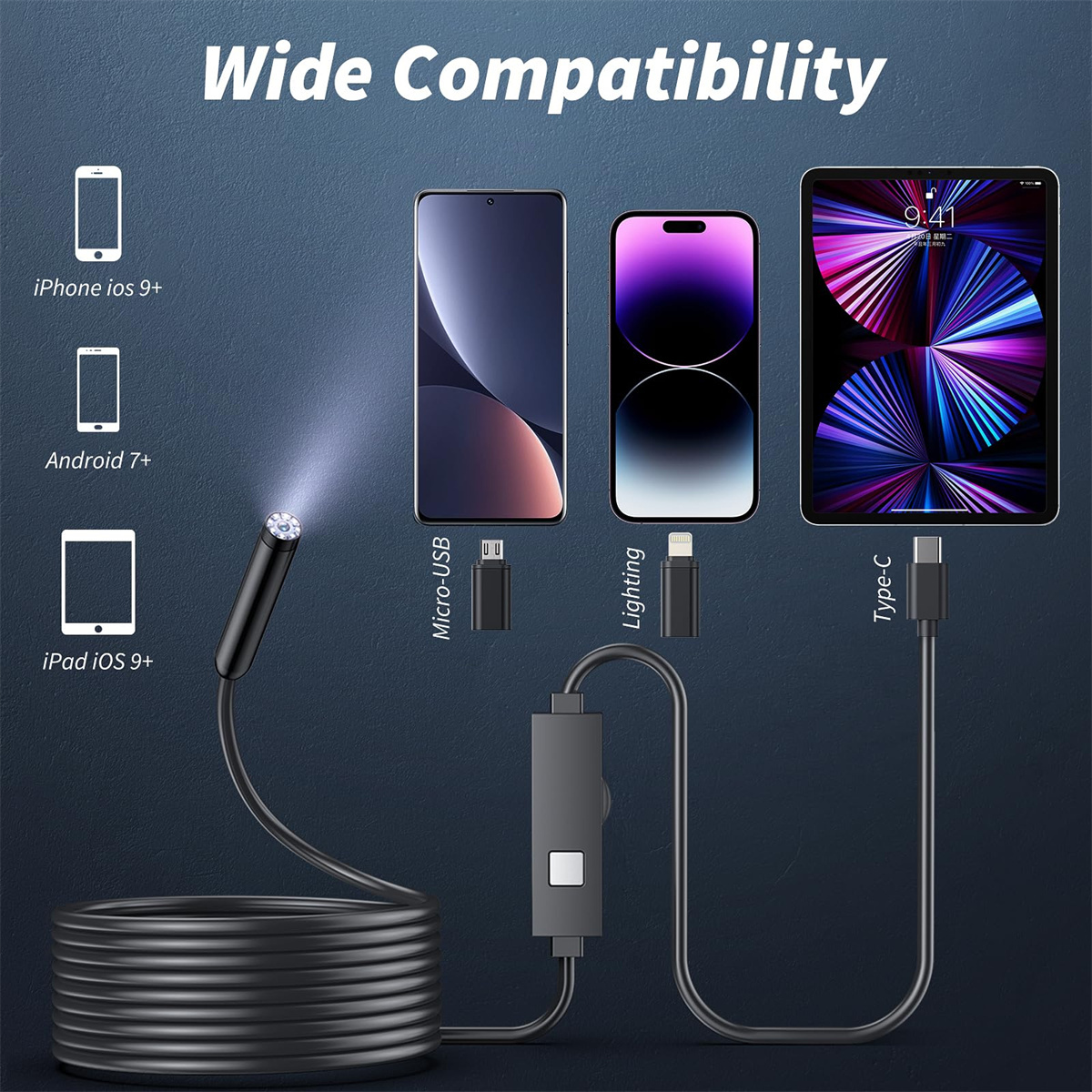 Das Bild zeigt ein Endoskop mit Telefonen, Tablets und verschiedenen Anschlüssen. Der Text lautet 'Wide Compatibility'.