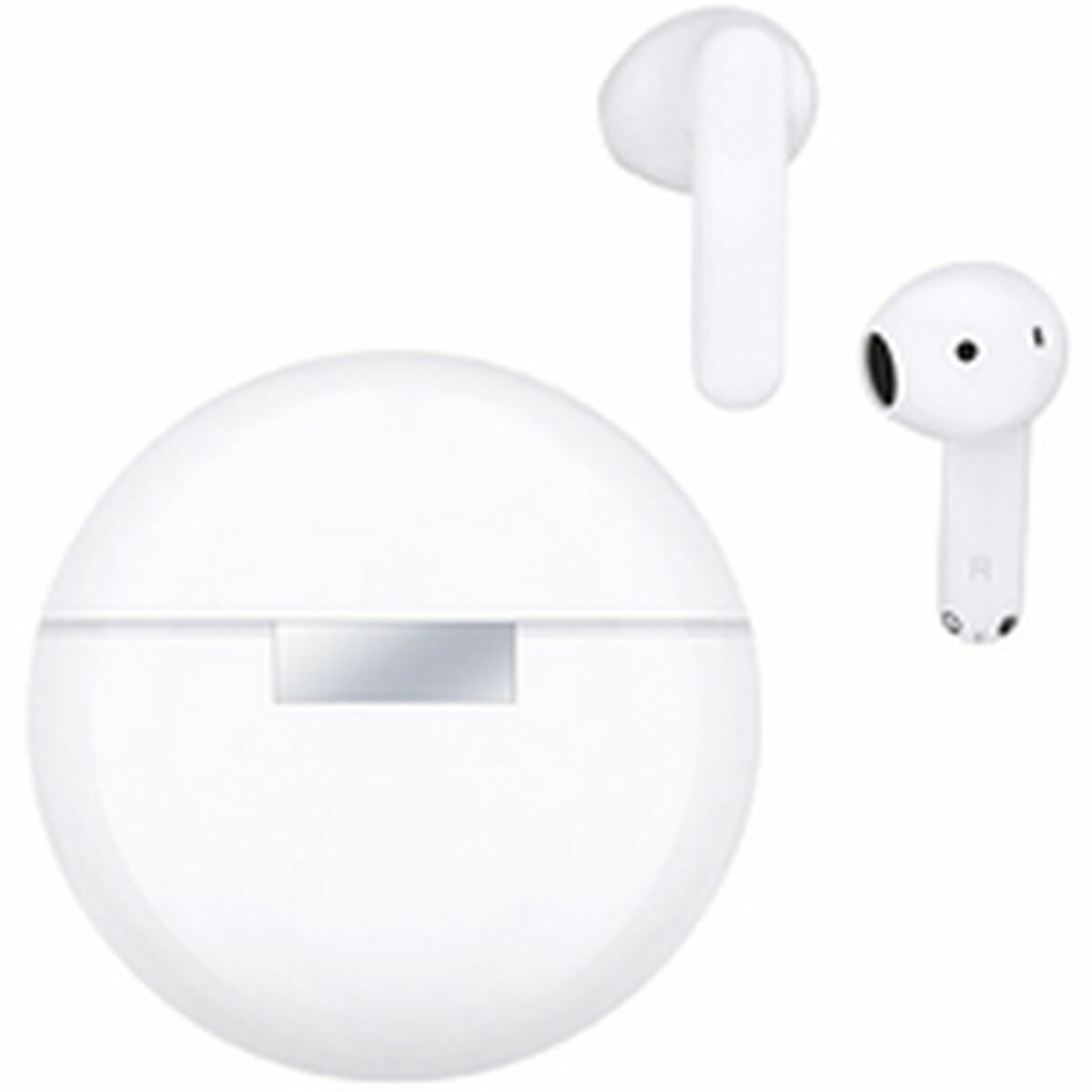 Auricolari wireless bianchi e custodia di ricarica. Sono mostrate due cuffie, una nella custodia, un'altra sopra. La custodia è rotonda.
