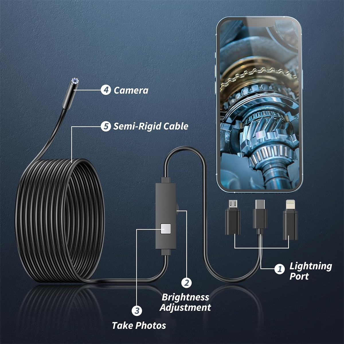 Eine Endoskopkamera mit halbstarrem Kabel, Helligkeitseinstellung und Fotoaufnahmefunktionen, dargestellt mit verschiedenen Anschlussoptionen und einem Telefonbildschirm.