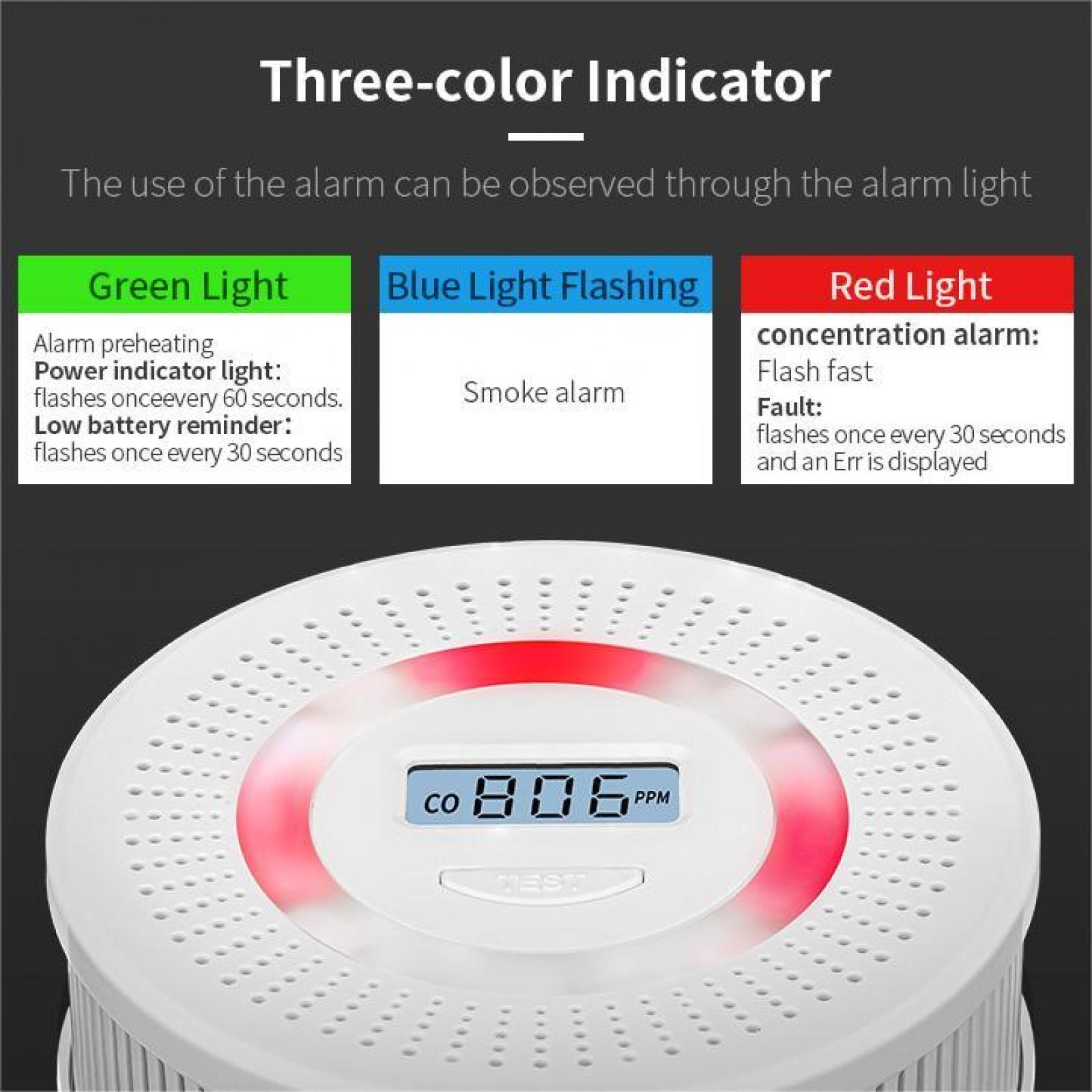 Ein weißer Rauchmelder zeigt ein rotes Licht, das einen Konzentrationsalarm anzeigt. Es hat ein Display mit der Anzeige 'CO 806 PPM'.