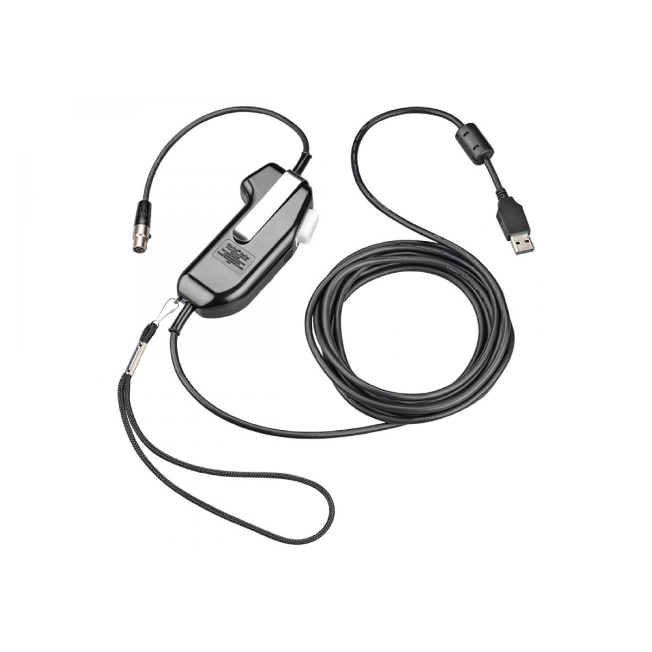 Un dispositivo nero con un pulsante bianco e cavi collegati. Un cavo ha USB, l'altro un connettore per microfono.