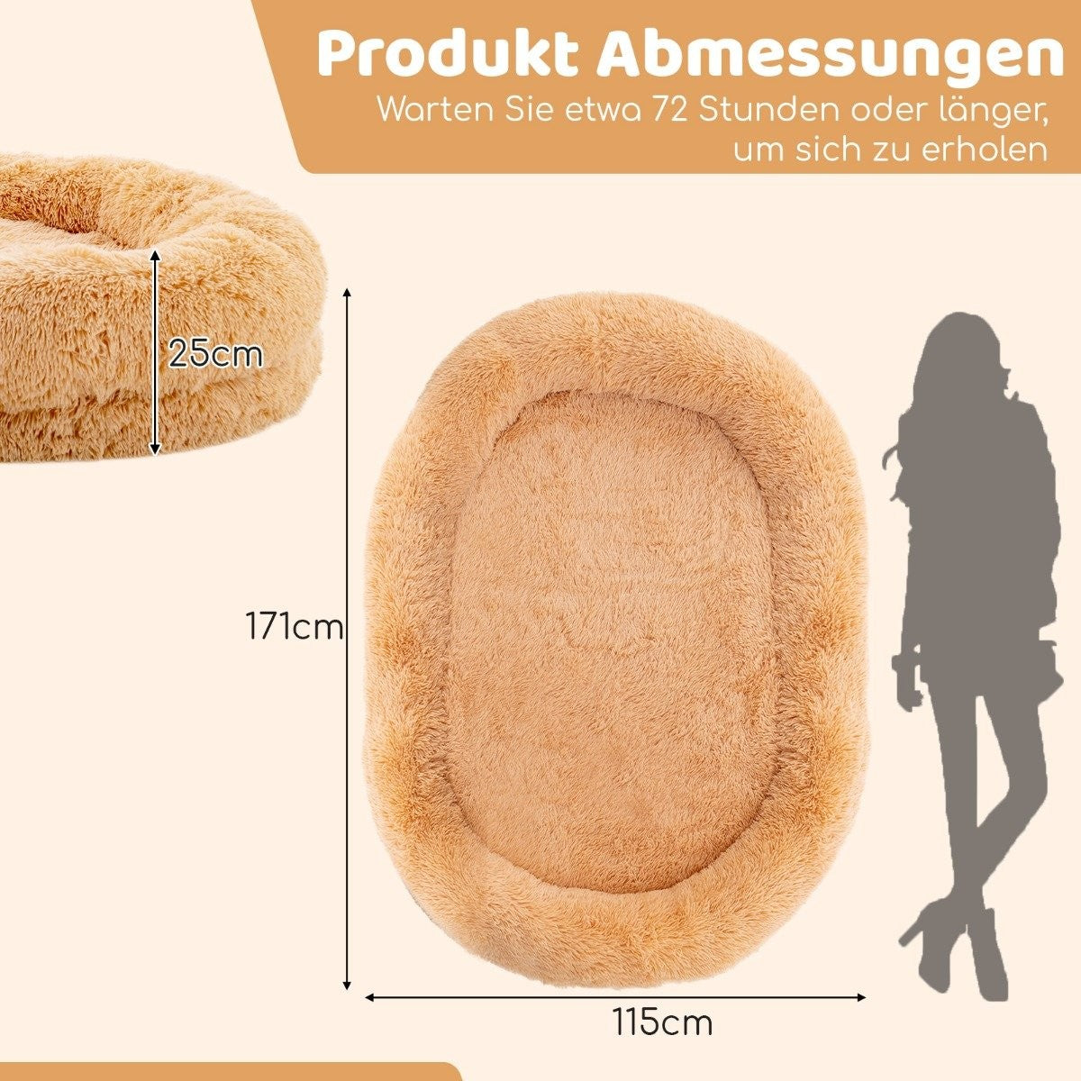 Una cama para mascotas de color beige con dimensiones etiquetadas. Una silueta de mujer está cerca. Texto en alemán.