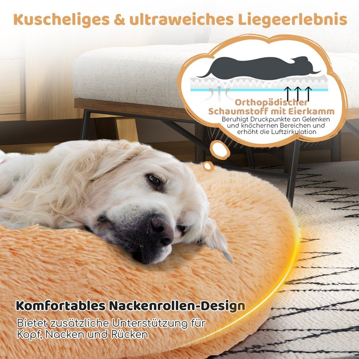 Un perro yace en una cama naranja y esponjosa. El texto describe la cama como ortopédica con espuma para soporte y circulación de aire.