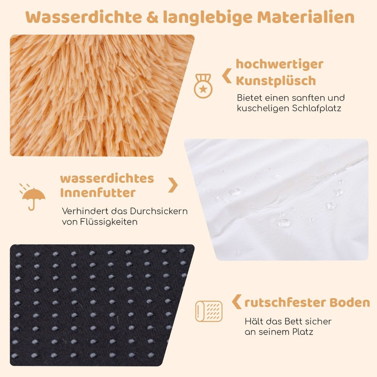 La imagen detalla materiales duraderos. Muestra forro impermeable y fondo antideslizante. Incluye detalles sobre el peluche y su función.