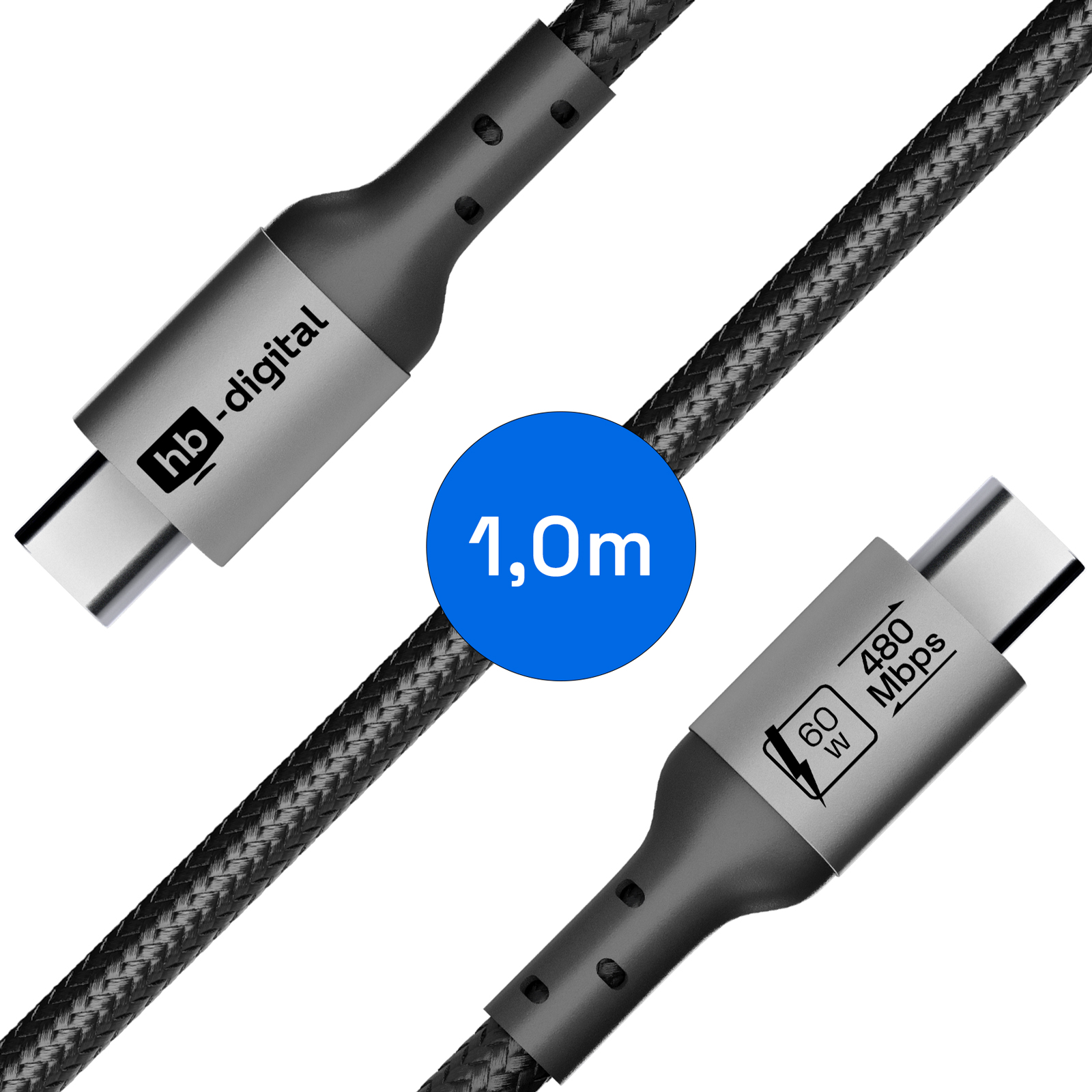 Ein schwarzes USB-C-Kabel mit grauen Steckern. Ein blauer Kreis zeigt "1,0m". Das Kabel hat "hb-digital"- und 60W 480Mbit/s-Markierungen.