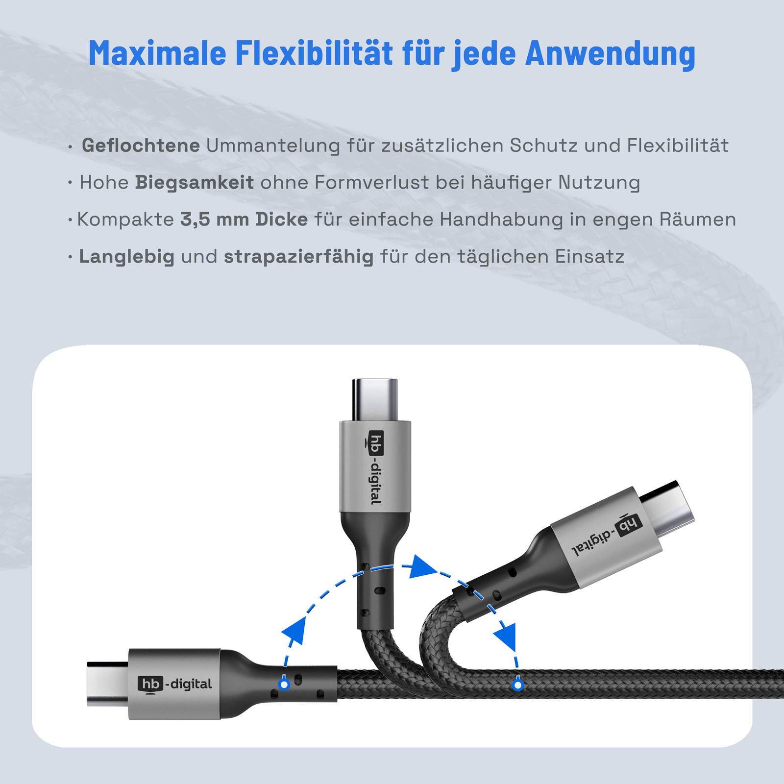 Das Bild zeigt ein schwarz-graues USB-C-Kabel mit dem Markennamen 'hb-digital'. Das Kabel ist flexibel und hat ein geflochtenes Design.