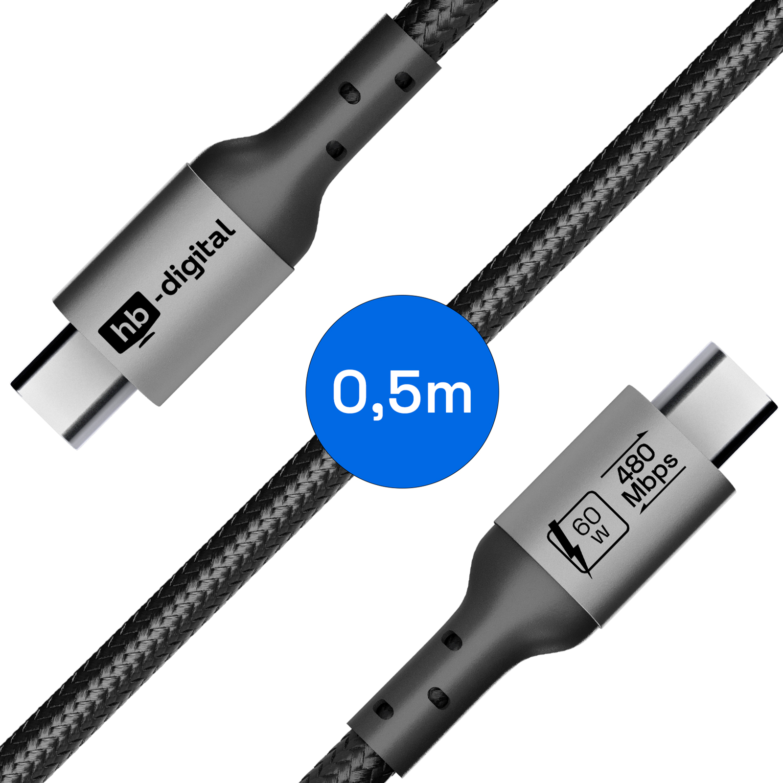 USB-C-Kabel mit geflochtener schwarzer Schnur. Ein blauer Kreis sagt 0,5 m. Stecker sind grau, einer mit 'hb-digital', der andere '60W 480Mbit/s'.