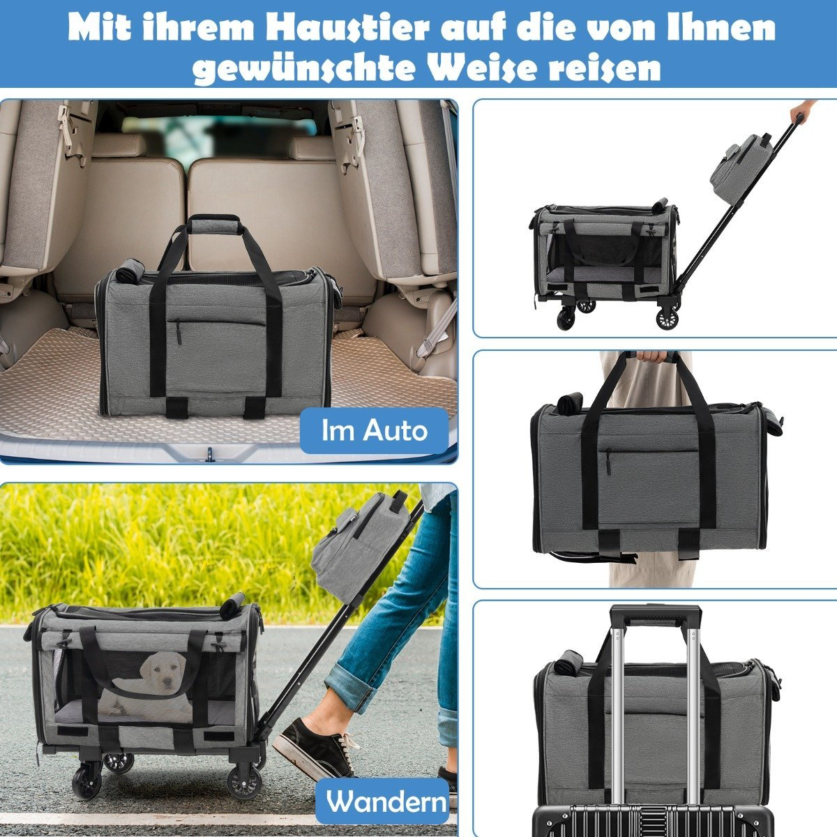 Imagen que muestra un transportín para mascotas en varios entornos: coche, rodando sobre ruedas y siendo transportado. El transportín es gris.