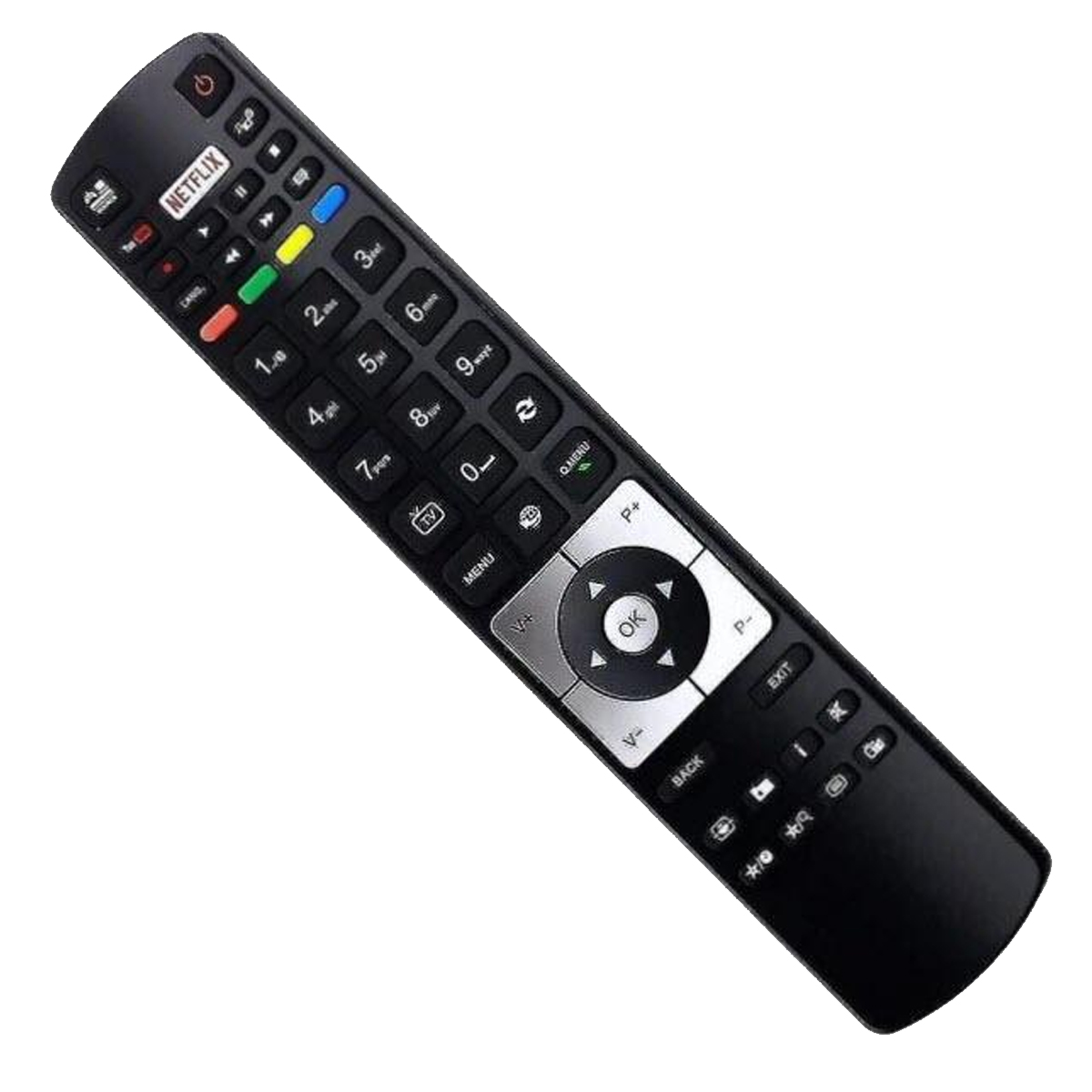 Eine schwarze TV-Fernbedienung mit Tasten für Netflix, Zahlen, Lautstärke und einem zentralen Navigationsfeld.