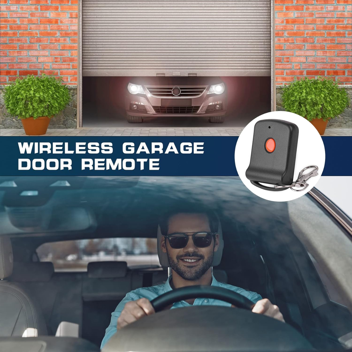 Mann fährt Auto lächelnd, im Hintergrund öffnet sich ein Garagentor. Fernbedienung im Vordergrund.
