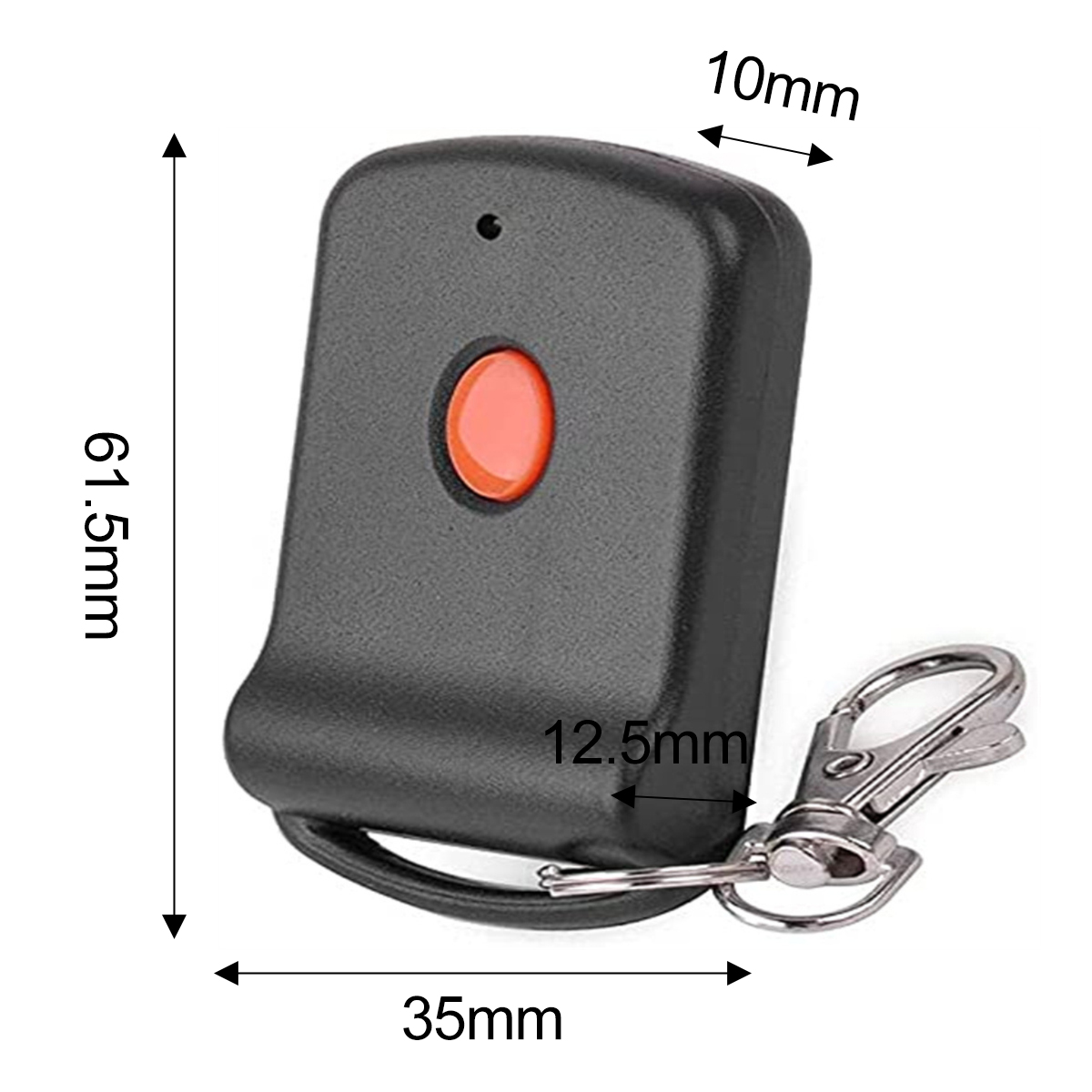 Eine schwarze Fernbedienung mit orangefarbener Taste, befestigt an einem Metall-Schlüsselanhänger. Maße: 61,5 mm, 35 mm und 10 mm.