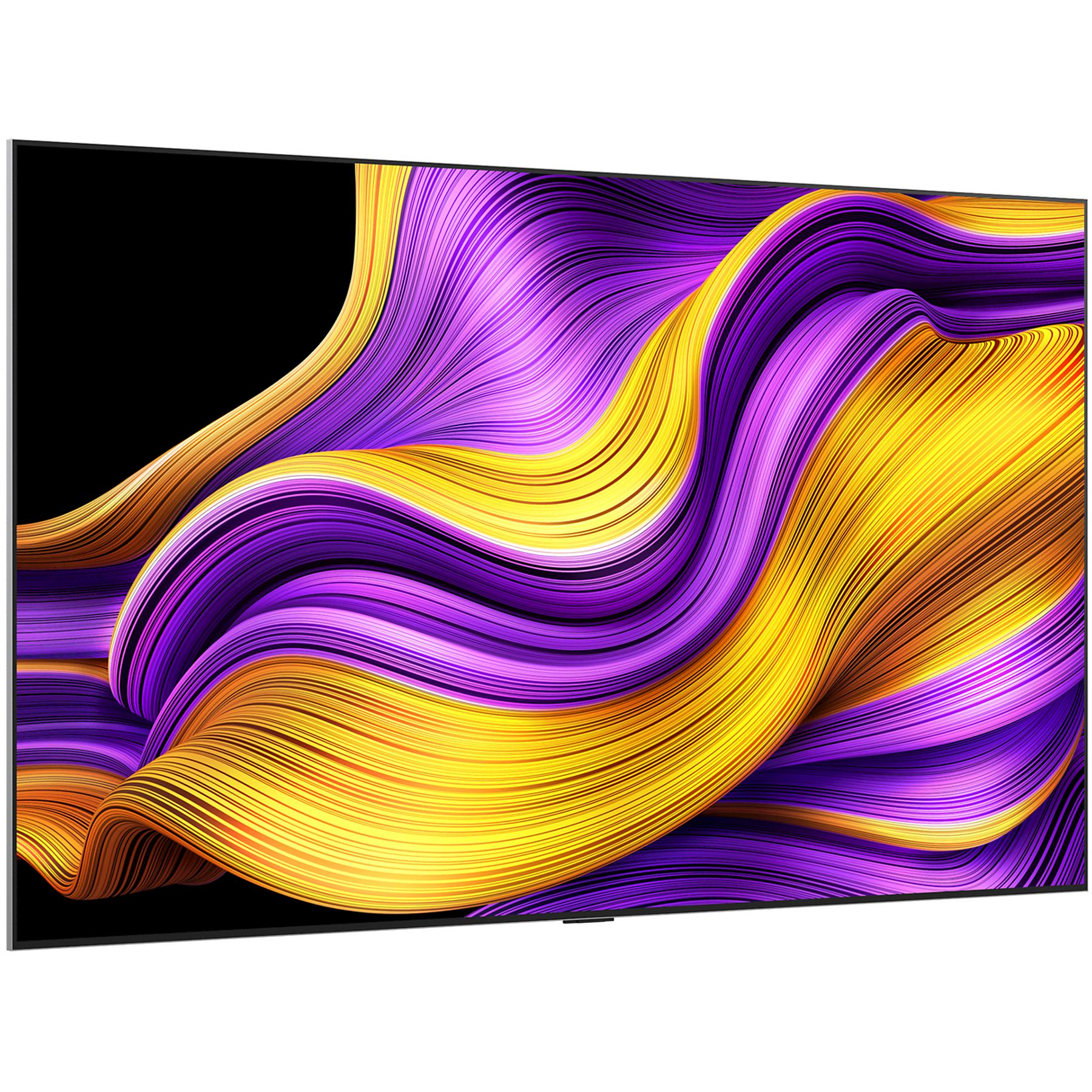 Un grande televisore mostra un design astratto vibrante di linee gialle e viola fluenti su sfondo nero.