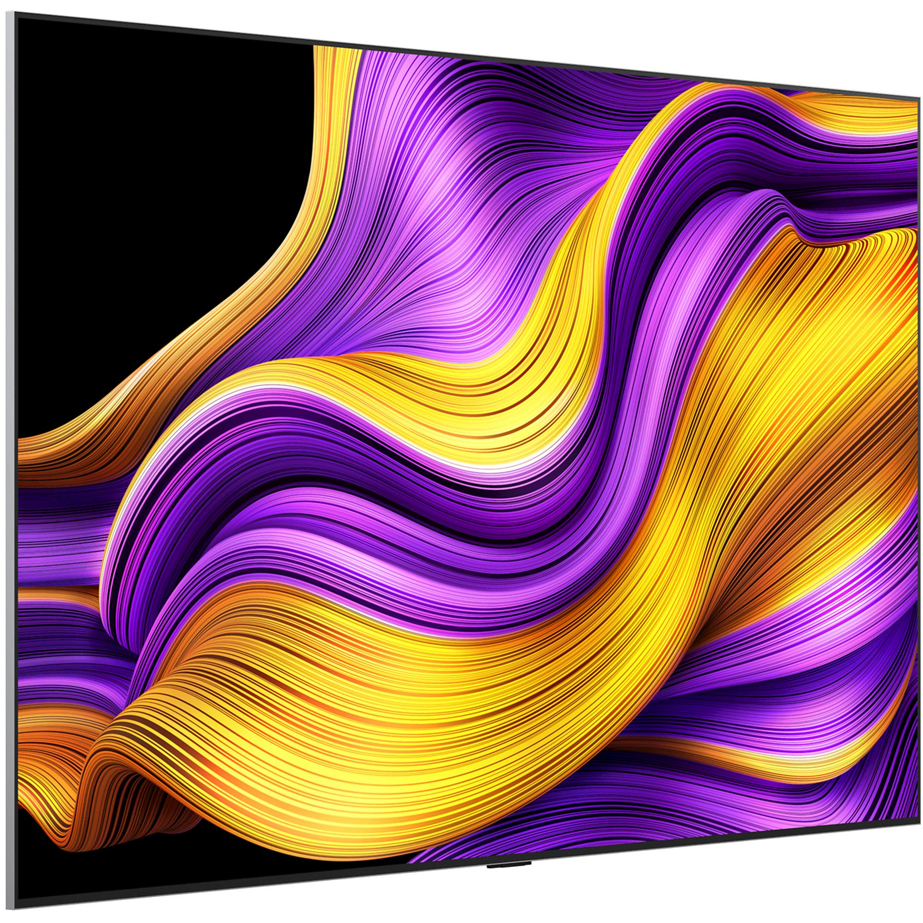 Uno schermo TV mostra arte astratta fluida in giallo, viola e arancione, su sfondo nero.