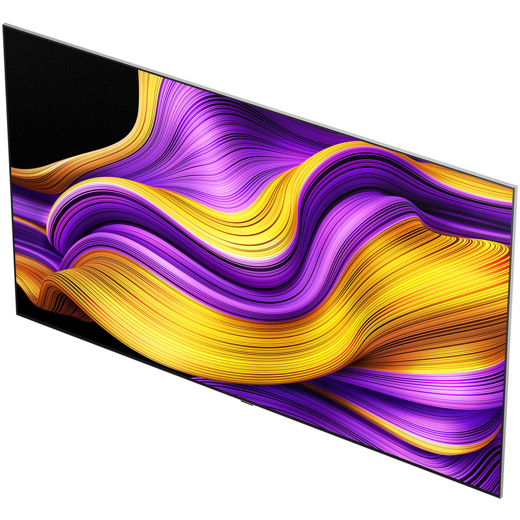 Una moderna TV con un vivace design astratto in giallo, viola e arancione. Il design scorre sullo schermo.