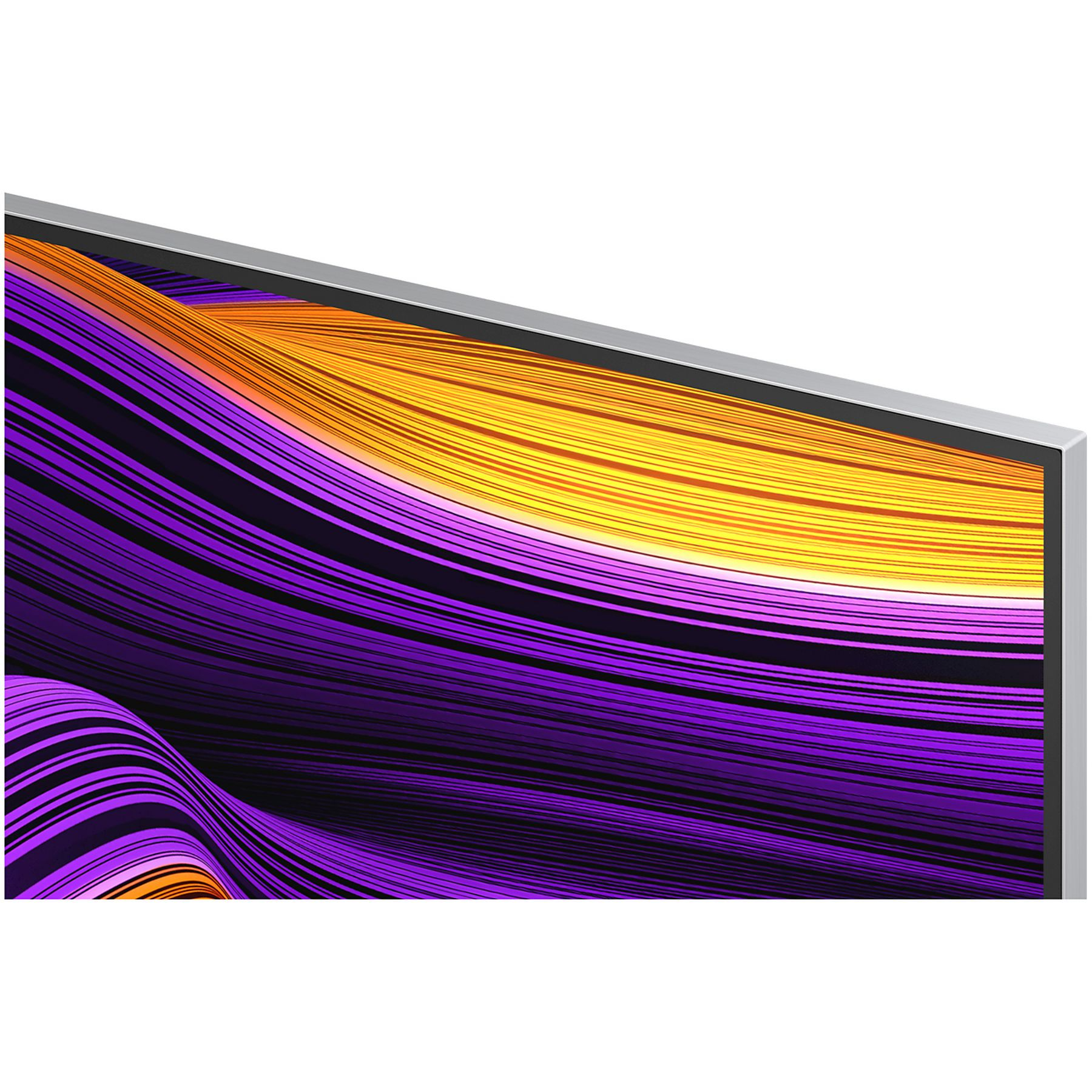 Primo piano di uno schermo con design astratto a onde. I colori sono viola, arancione e nero. Cornice argentata sui bordi superiori e destro.