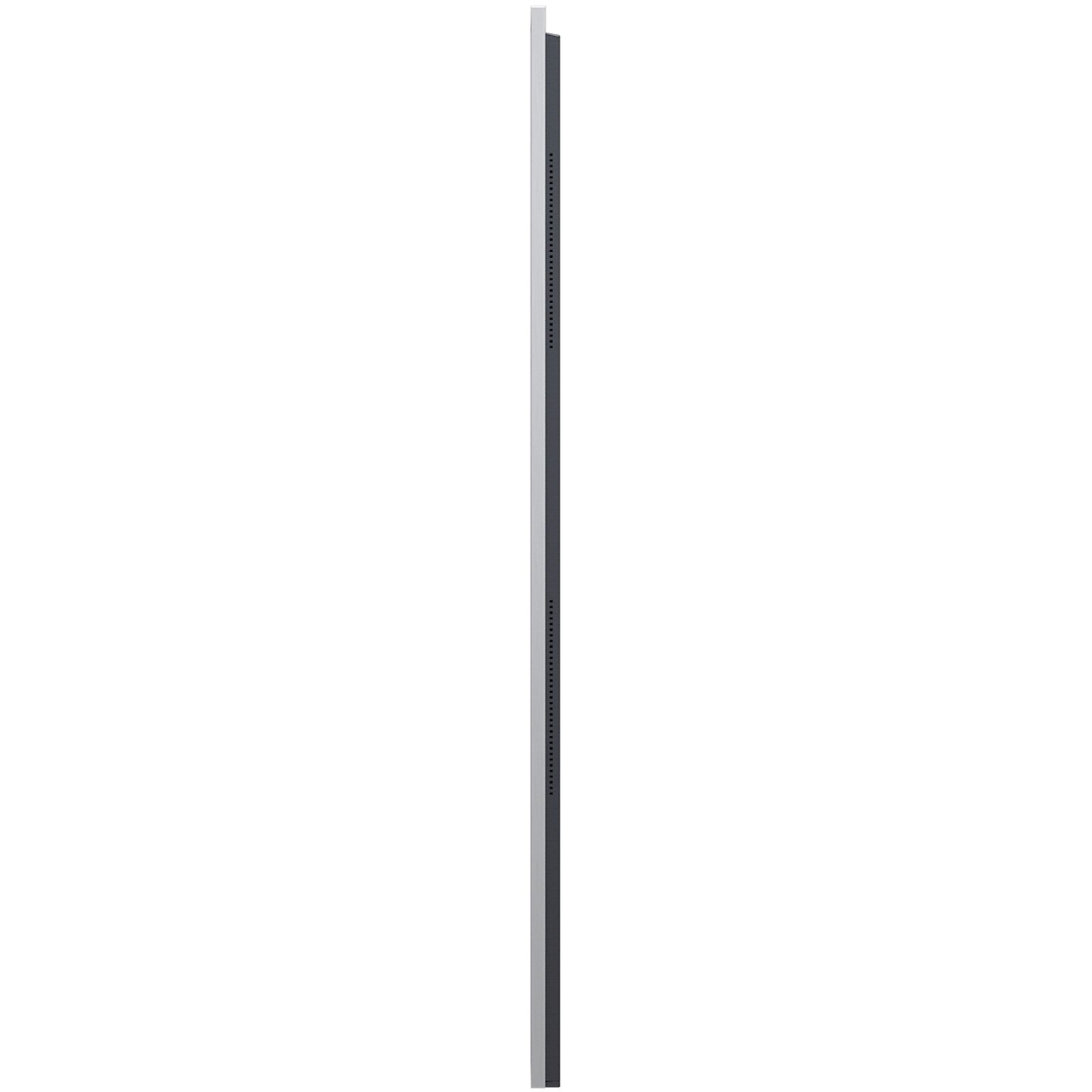 Profilo laterale di un tablet. Il tablet ha una cornice argentata e un'area di visualizzazione nera con piccoli fori.