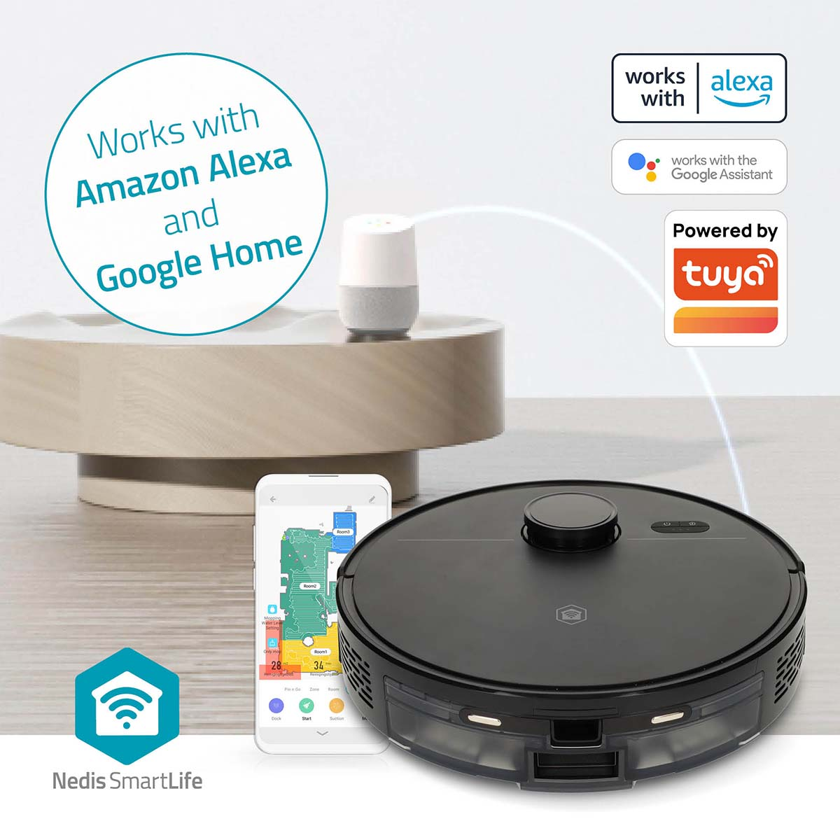 Un aspirapolvere robot nero, un altoparlante intelligente e un telefono che mostra una mappa della stanza. Compatibilità Alexa e Google Home evidenziata.