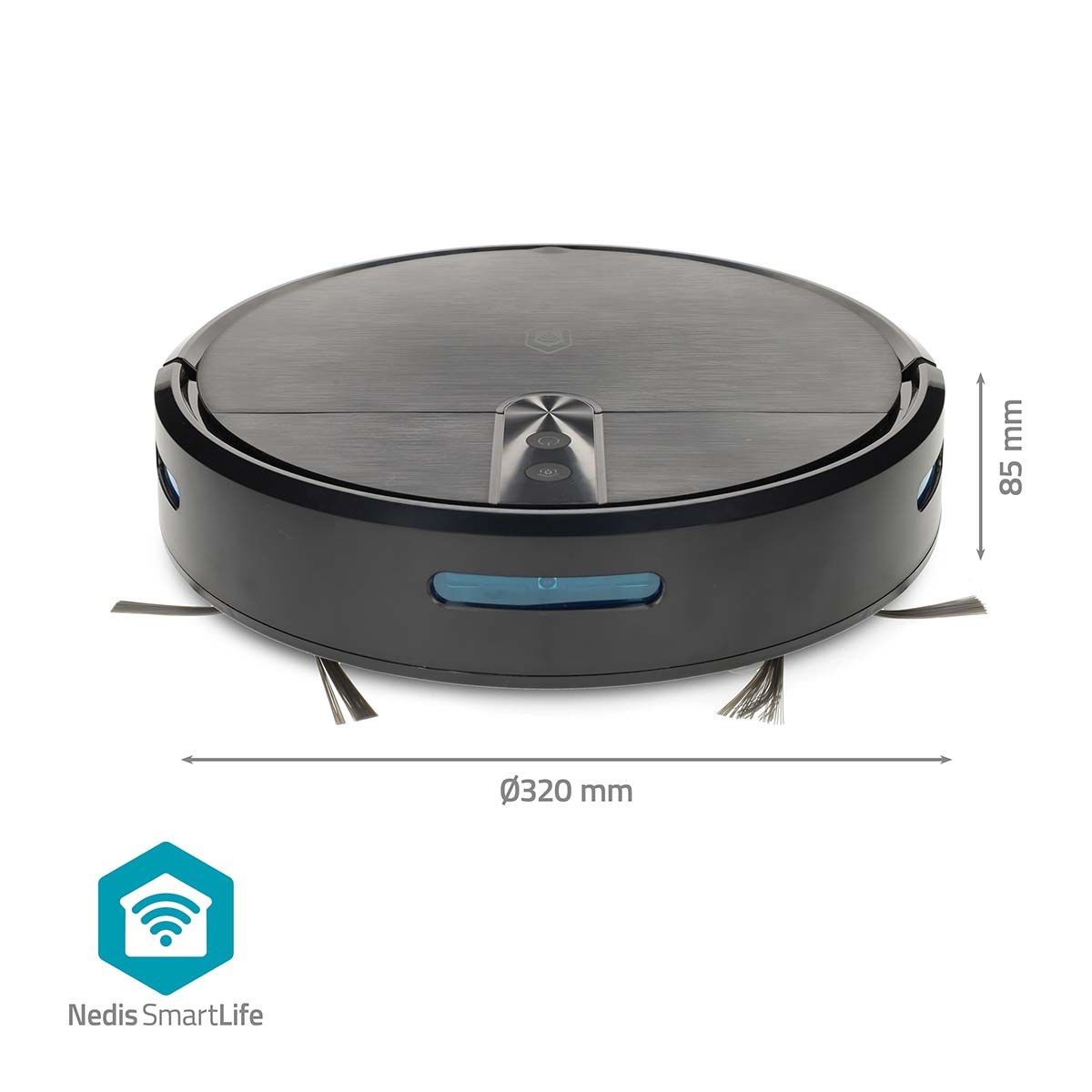 Un robot aspirapolvere nero e grigio. Ha un diametro di 320 mm e un'altezza di 85 mm. Viene mostrato il logo Nedis SmartLife.