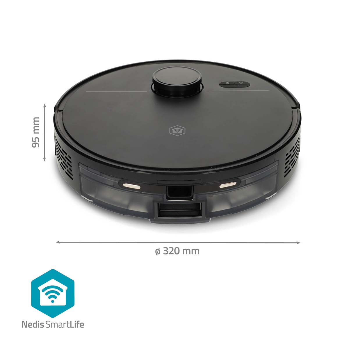 Aspirapolvere robotico nero. Ha una forma circolare, sono indicate le misure, con un logo: Nedis SmartLife.