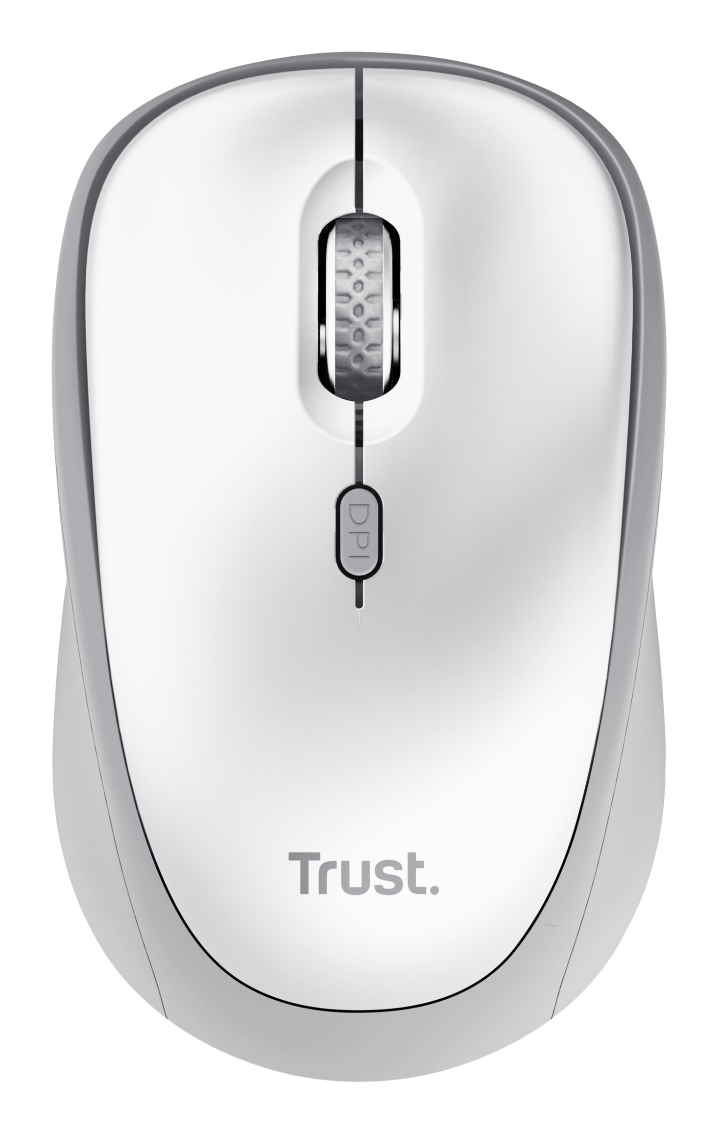 Eine weiße Computermaus mit Scrollrad und DPI-Taste. Die Marke "Trust" ist sichtbar.
