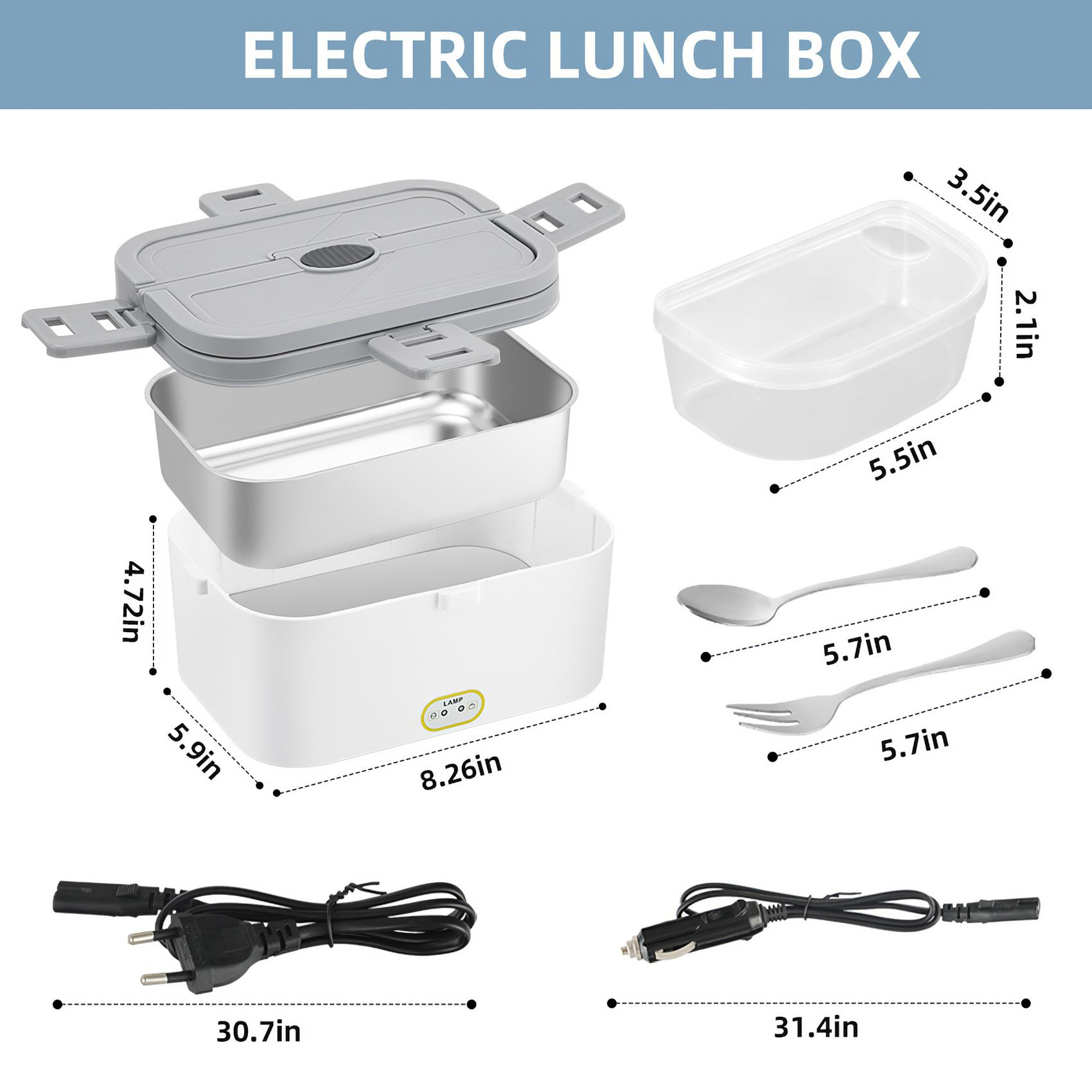 Eine elektrische Lunchbox mit den abgebildeten Abmessungen, sowie ein Behälter, Löffel, Gabel und Netzkabel.
