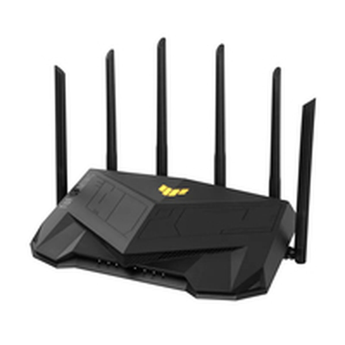 Czarny router z sześcioma antenami. Ma nowoczesny design z żółtymi akcentami. Tło jest białe.