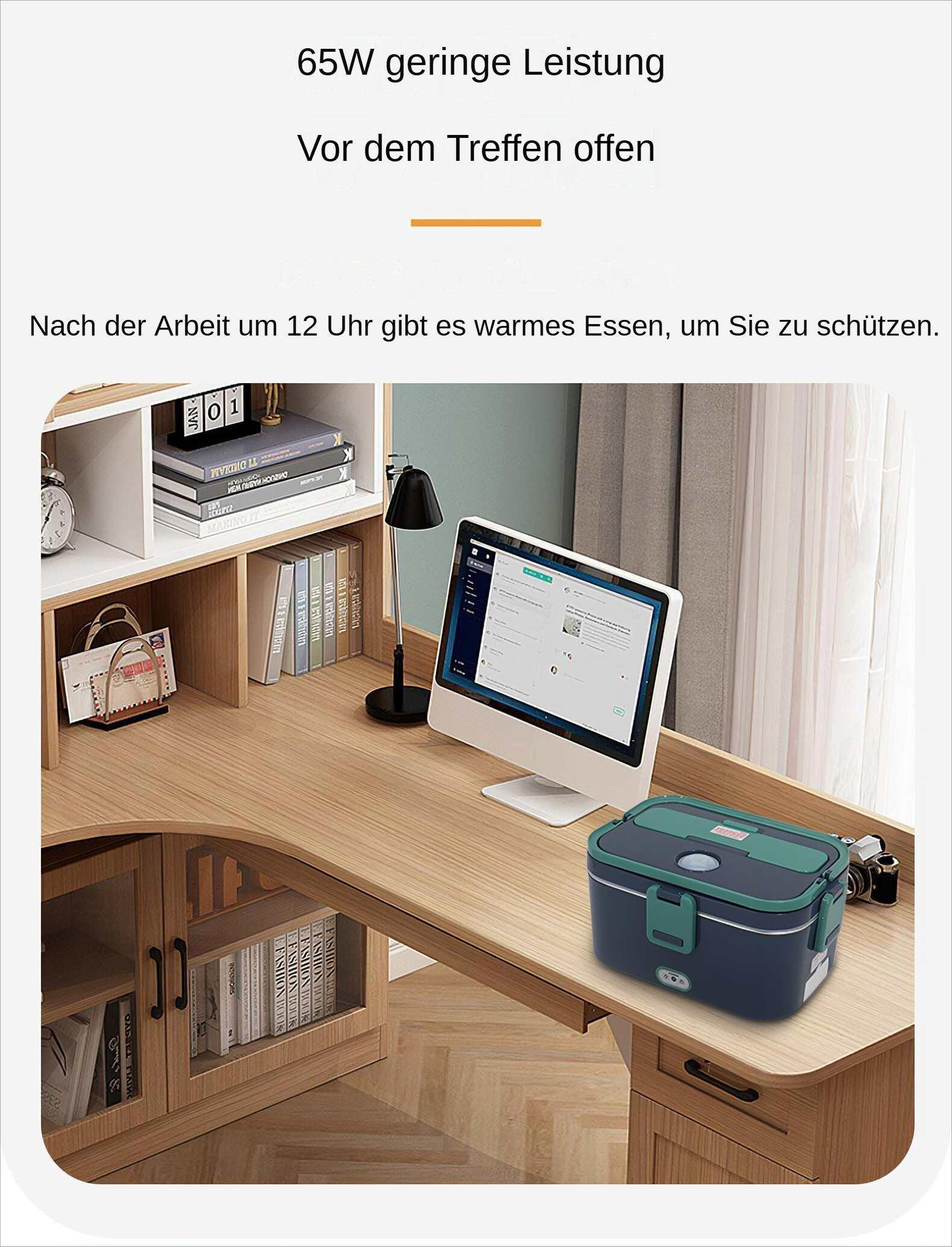 Schreibtisch mit Computer, Brotdose, Büchern und Kalender. Text darüber: 65W geringe Leistung. Mittagessen nach der Arbeit um 12 Uhr.