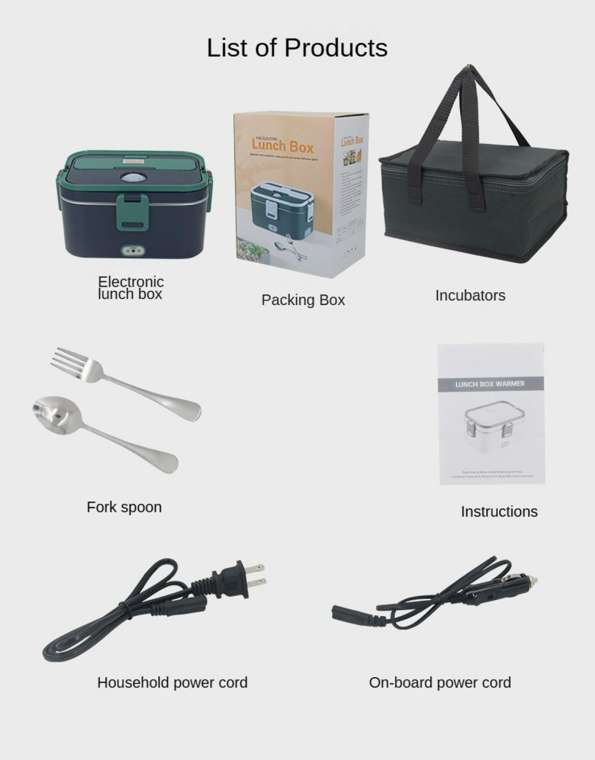 Das Bild zeigt eine elektrische Lunchbox, eine Verpackung, Inkubatoren, Gabel, Löffel, Anweisungen und Netzkabel.